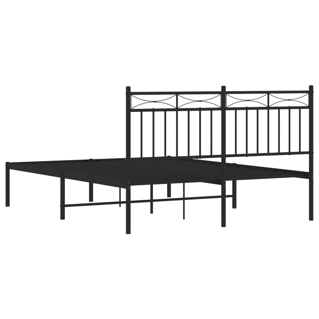 Black metal platform bed frame with decorative headboard