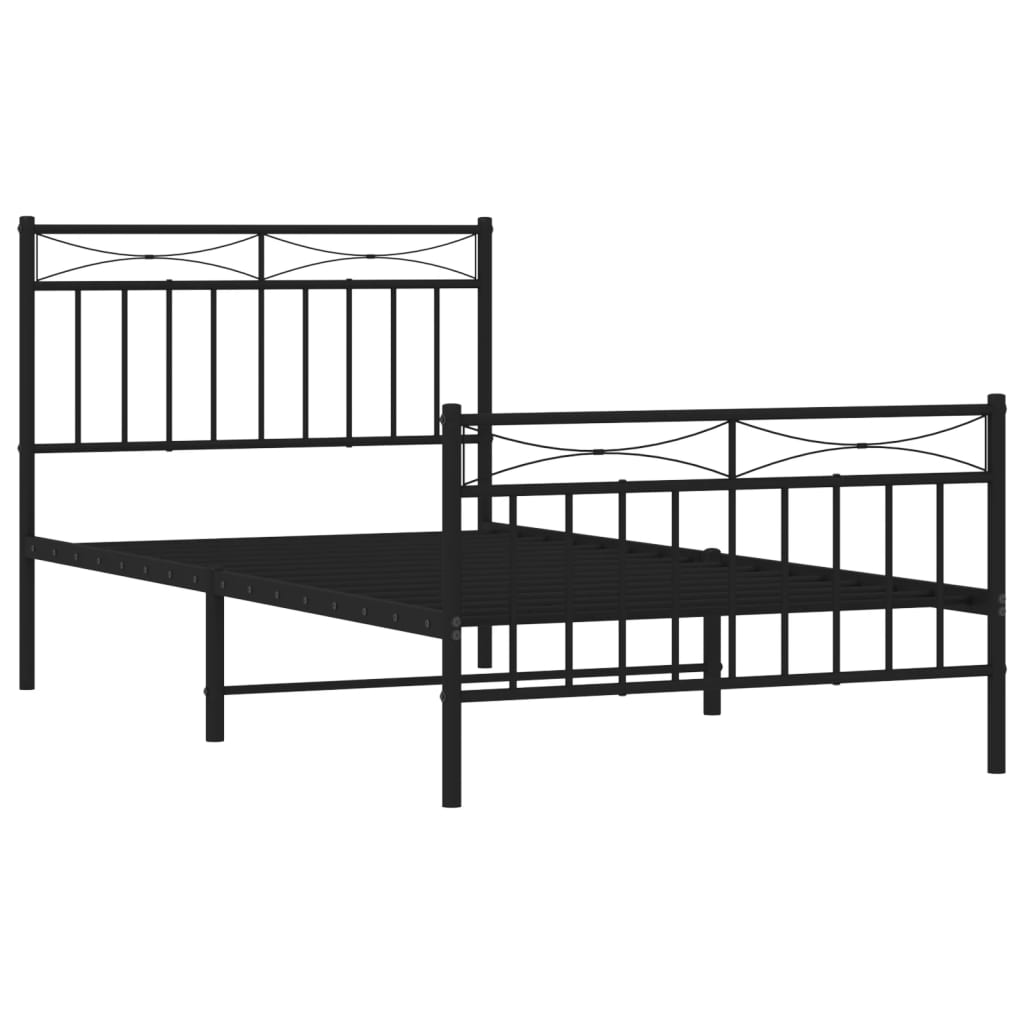 Dark grey metal twin bed frame with decorative headboard and footboard