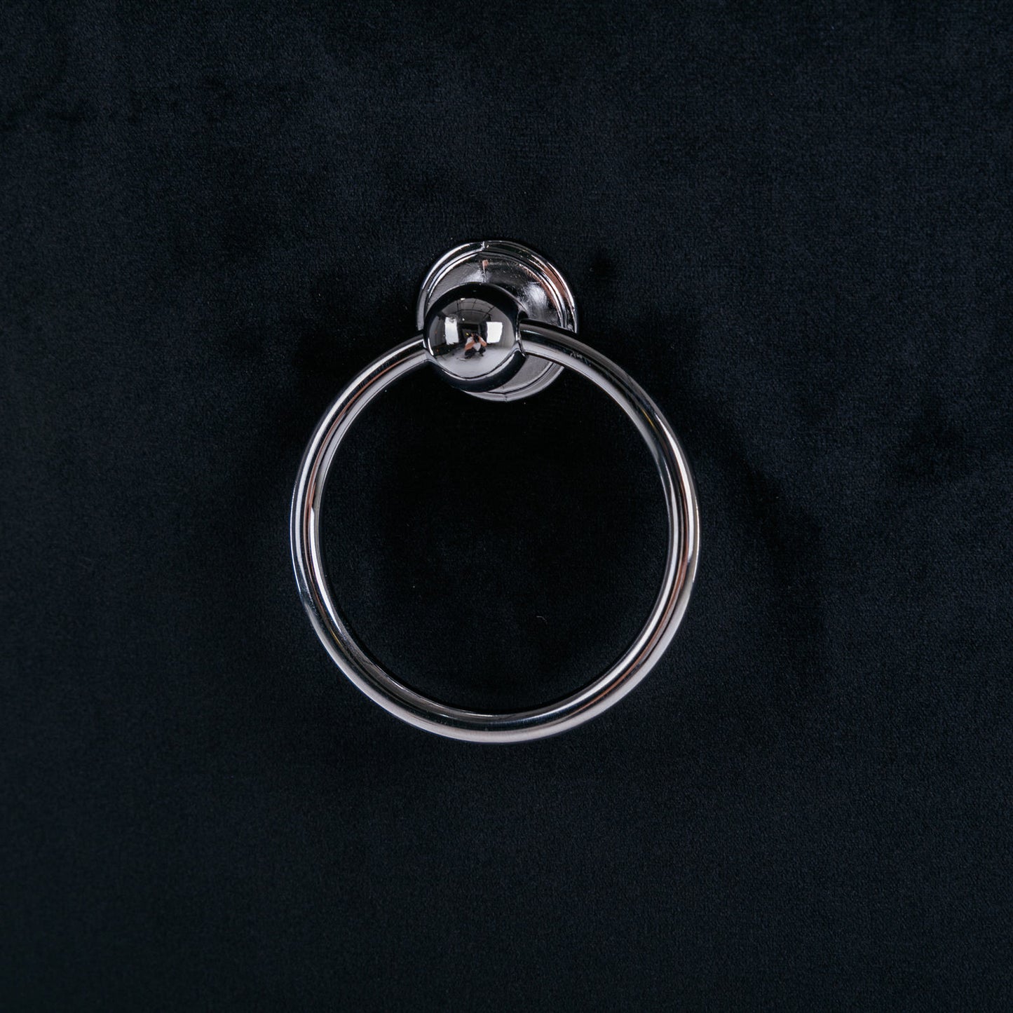 Silver ring drawer pull on a black cabinet door