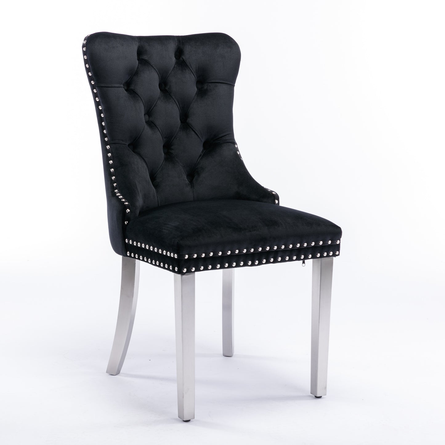 Black velvet accent chair with silver nailhead trim and brushed metal legs