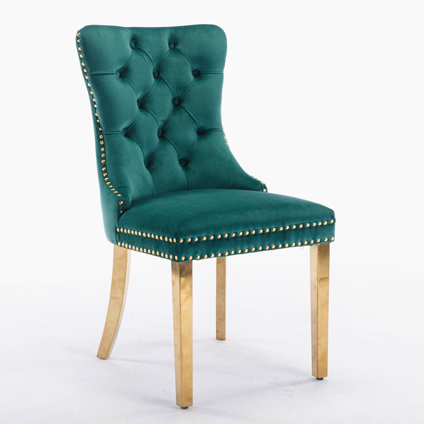 Deep teal velvet dining chair with gold nailhead trim and gold metal legs