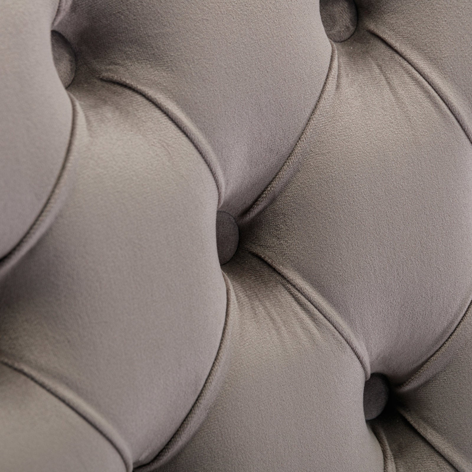 Closeup of grey velvet tufted upholstery