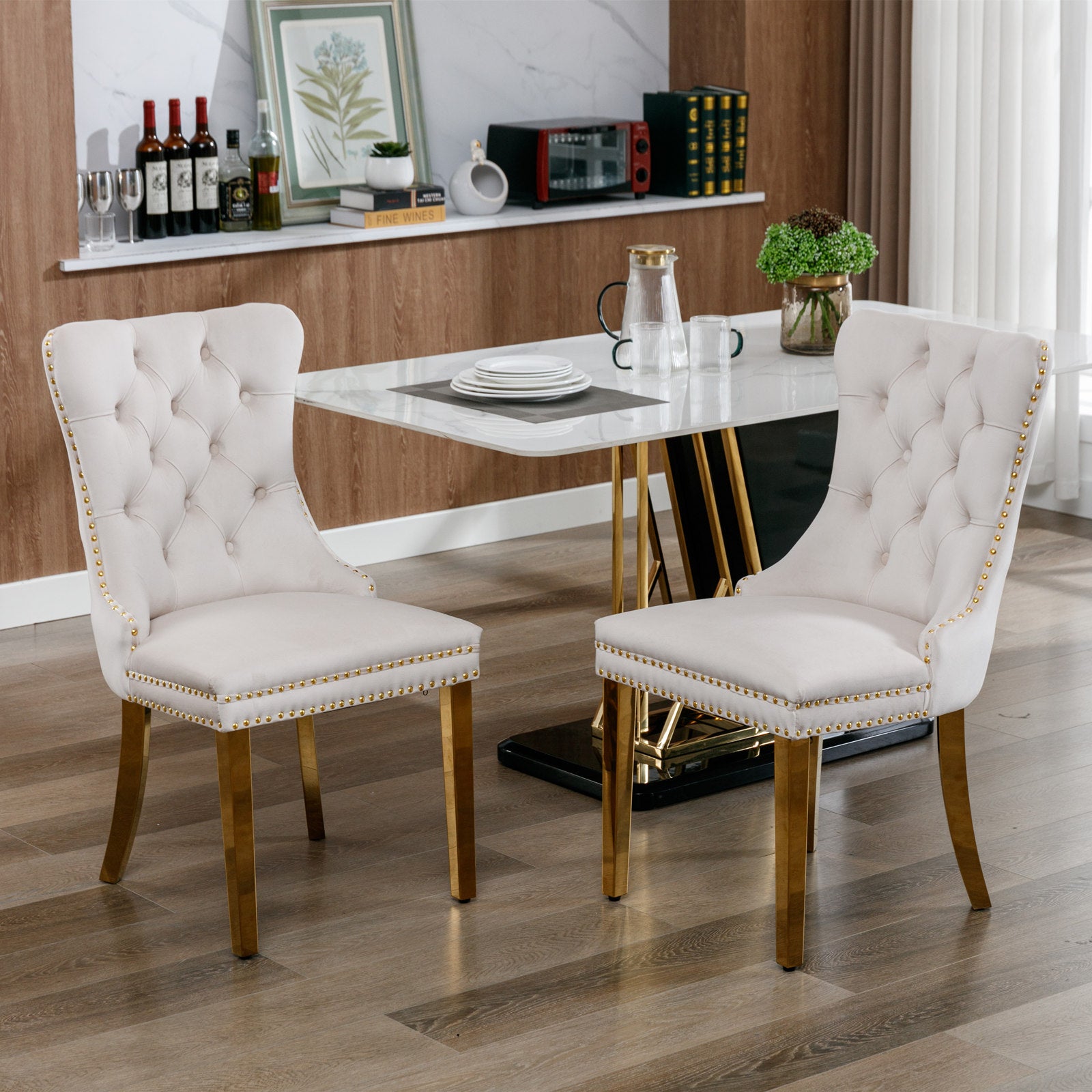 Elegant cream velvet dining chair with diamond tufting and gold nailhead trim