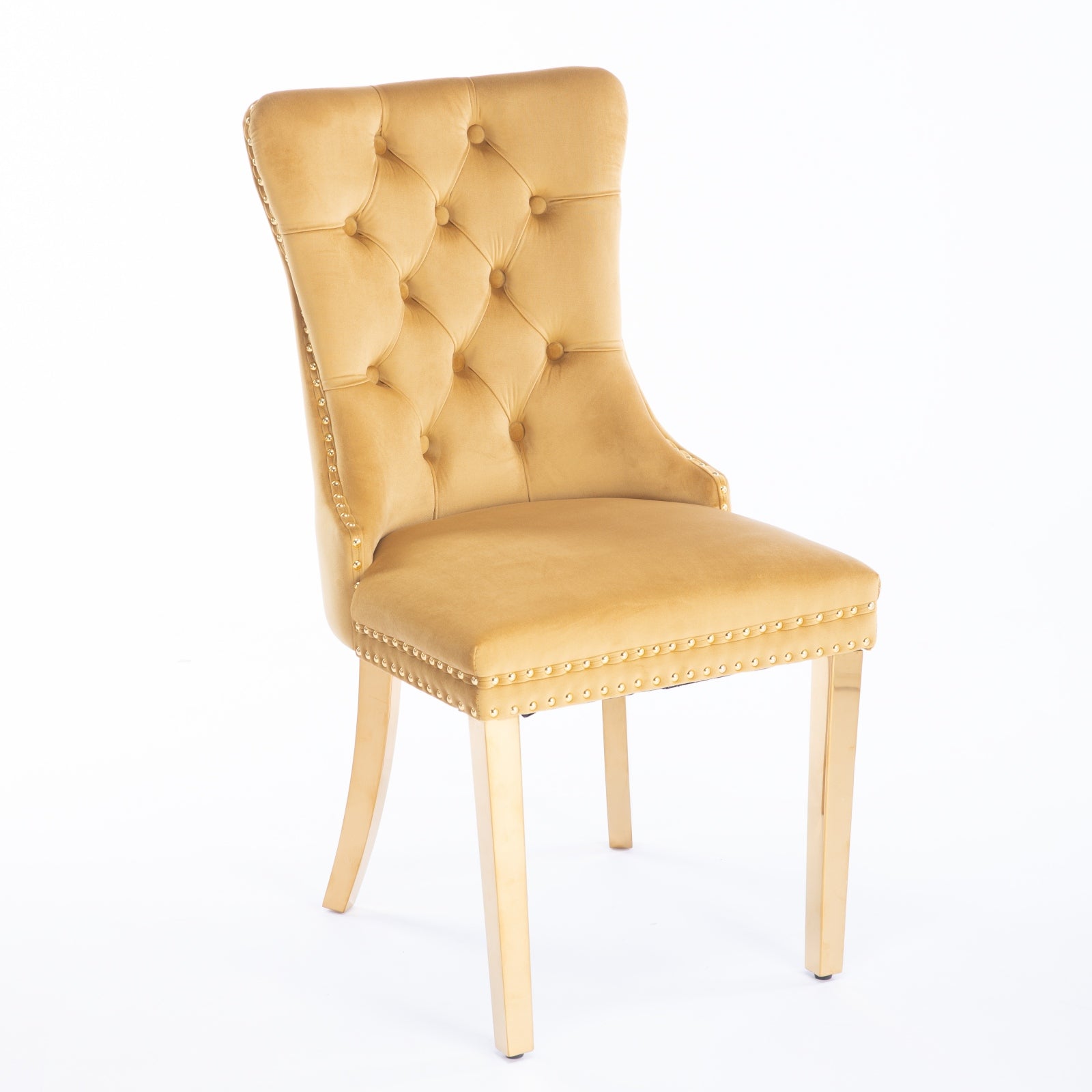 Elegant gold velvet accent chair with tufted back and gold nailhead trim
