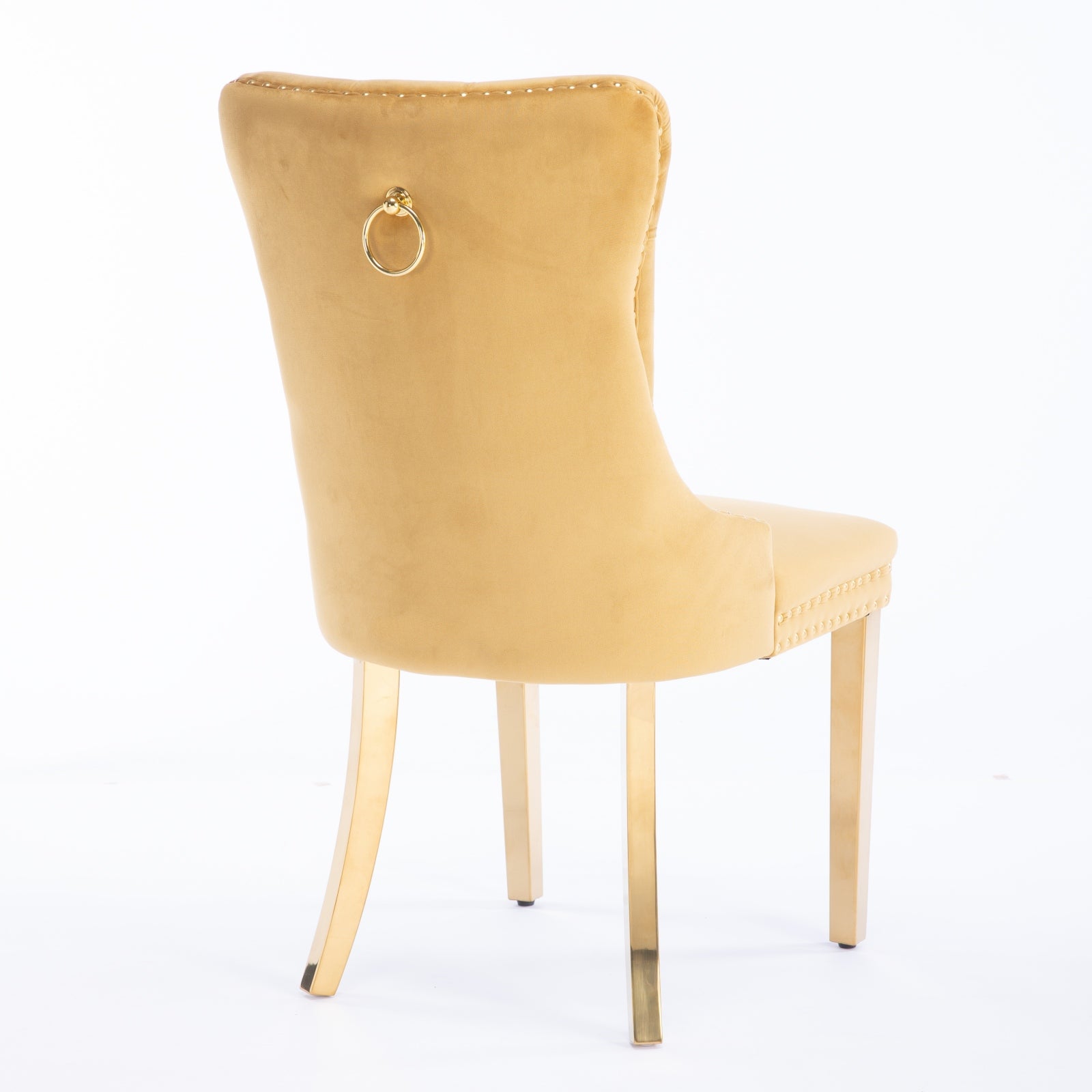 Yellow velvet dining chair with gold ring pull and gold legs