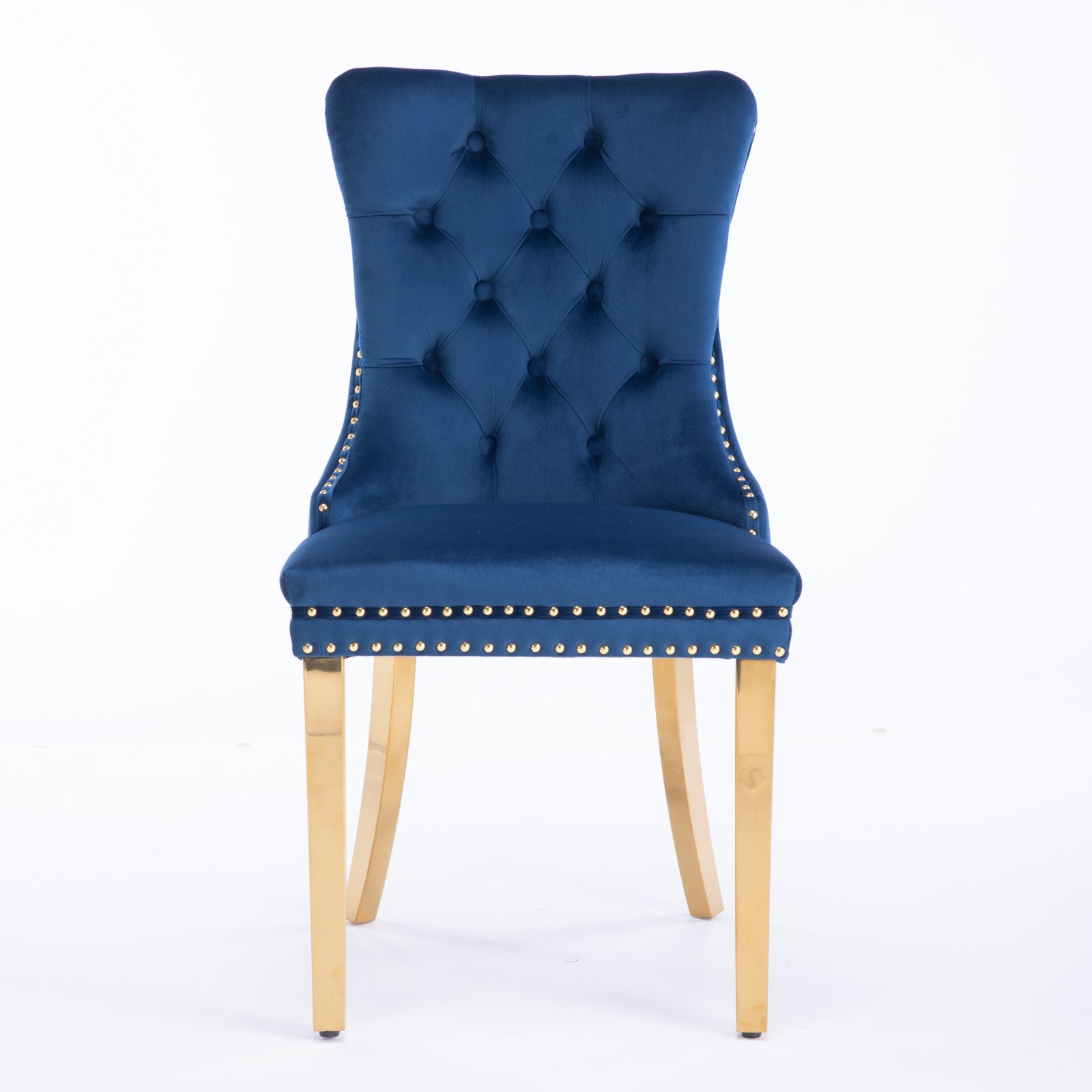Deep blue velvet dining chair with gold legs and diamond tufting
