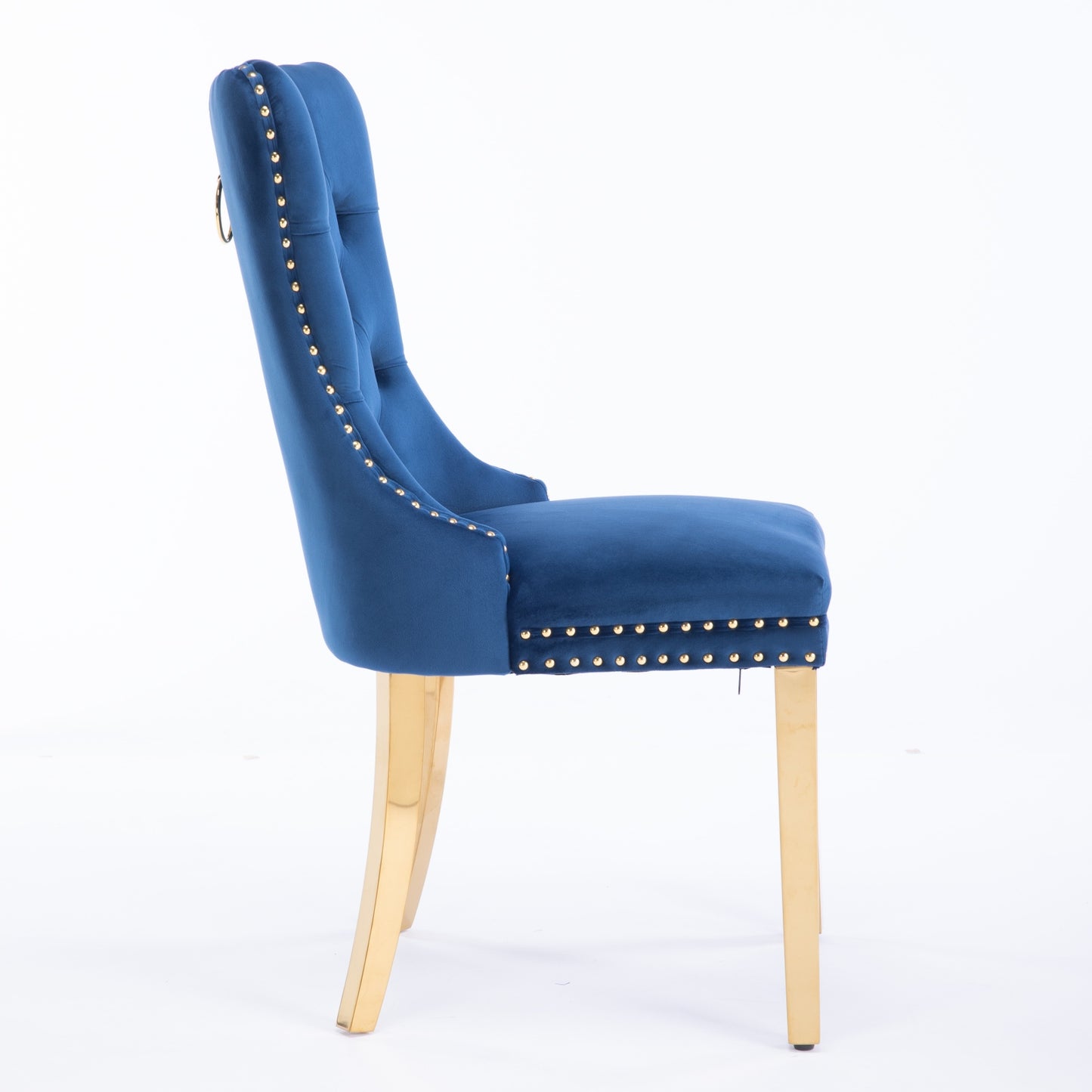 Navy velvet accent chair with gold nailhead trim and ring pull