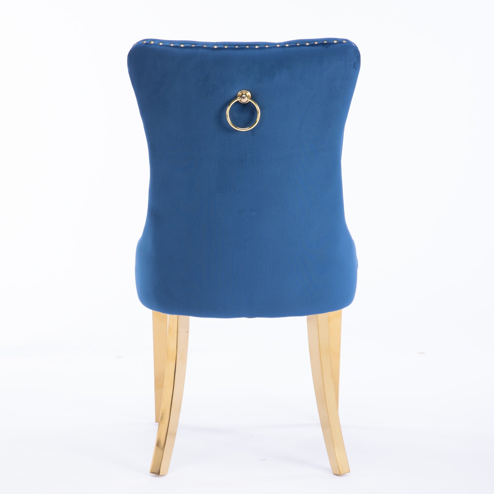 Elegant navy blue velvet dining chair with gold ring and brass legs