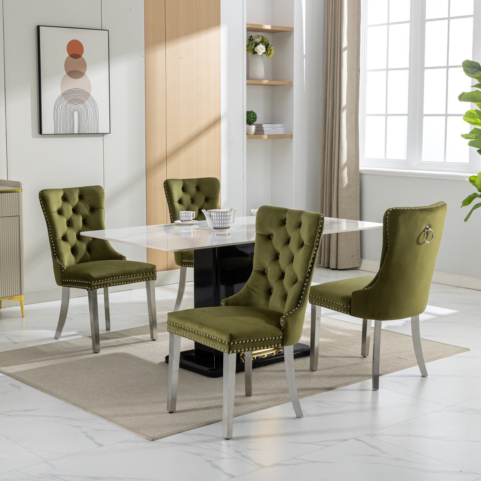 Elegant olive green velvet dining chair with tufted back and silver studs