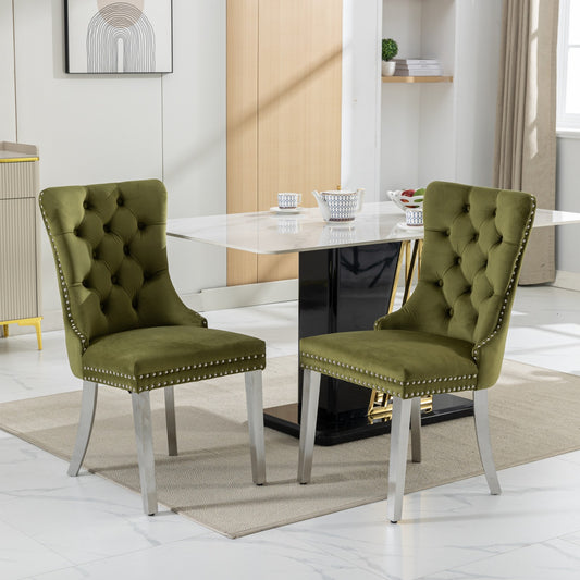 Tufted olive green velvet dining chair with silver nailhead trim and brushed nickel legs