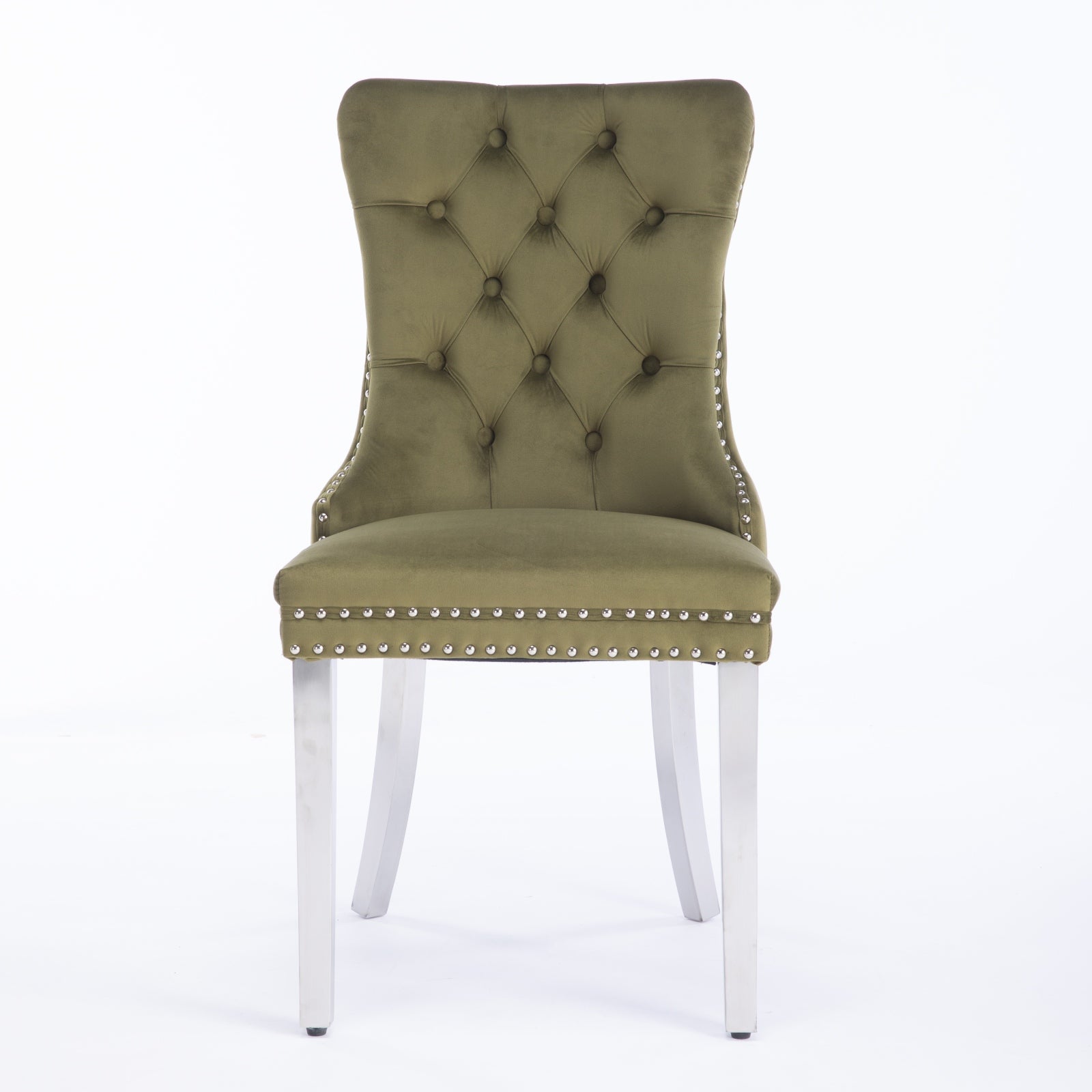 Olive green velvet dining chair with tufted back and silver nailhead trim