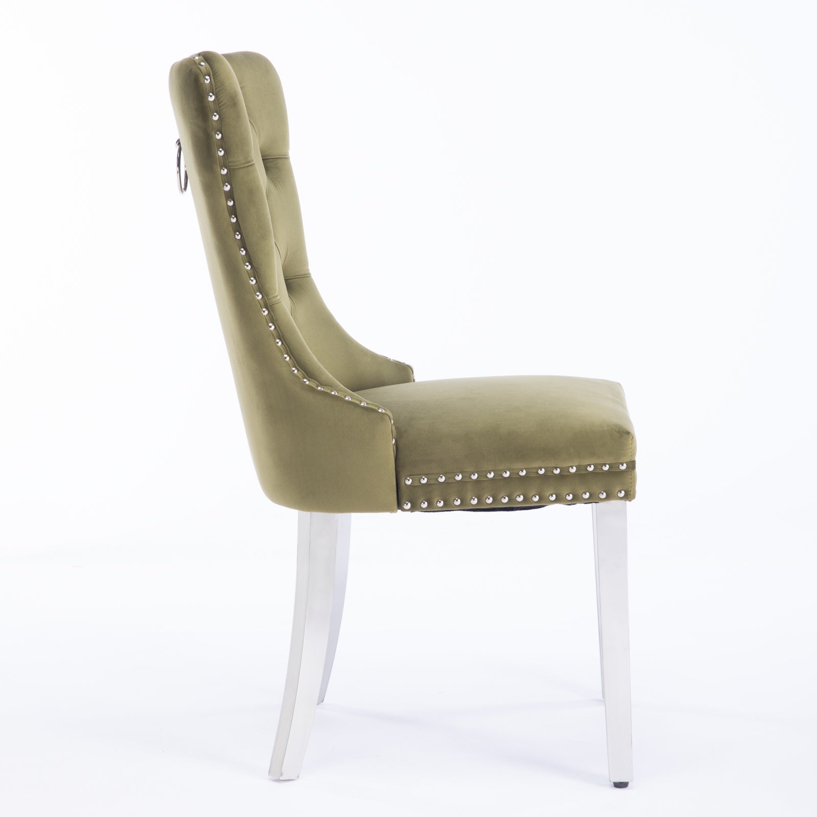 Olive green velvet tufted dining chair with silver nailhead trim and ring pull accent