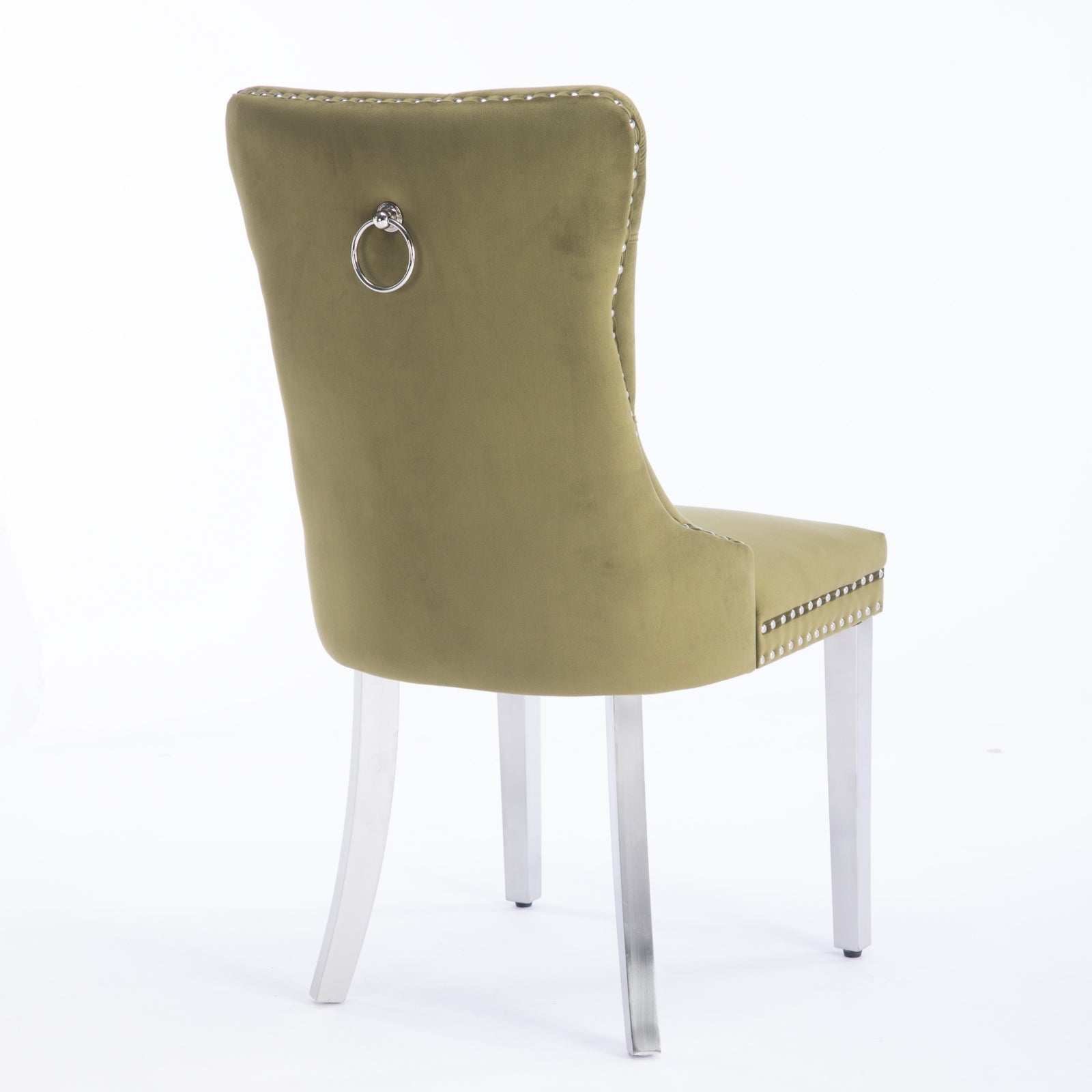 Olive green velvet dining chair with silver ring pull and nailhead trim