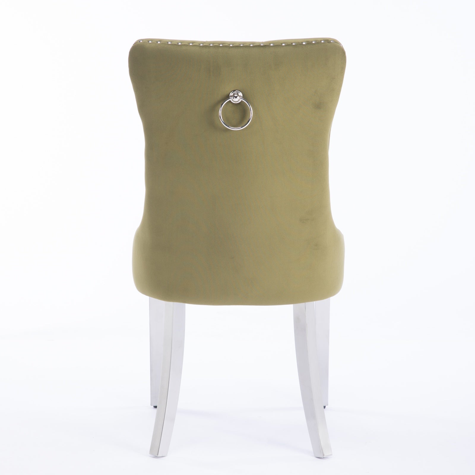 Olive green upholstered dining chair with silver ring pull and nailhead trim