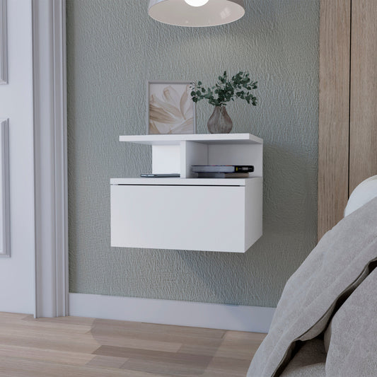 Modern floating white bedside table with a drawer and open shelf
