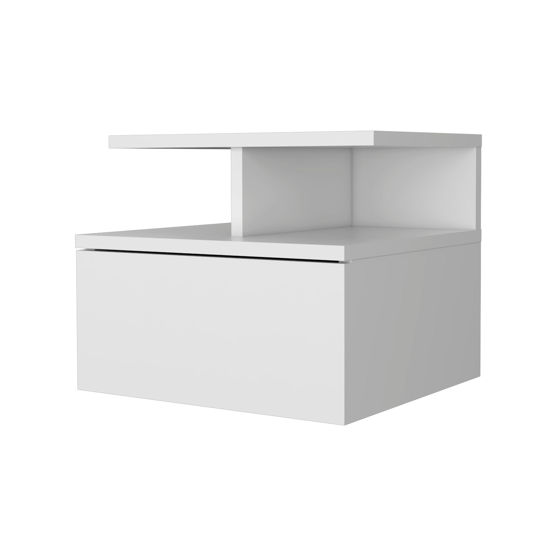 Modern white floating nightstand with drawer and open shelf
