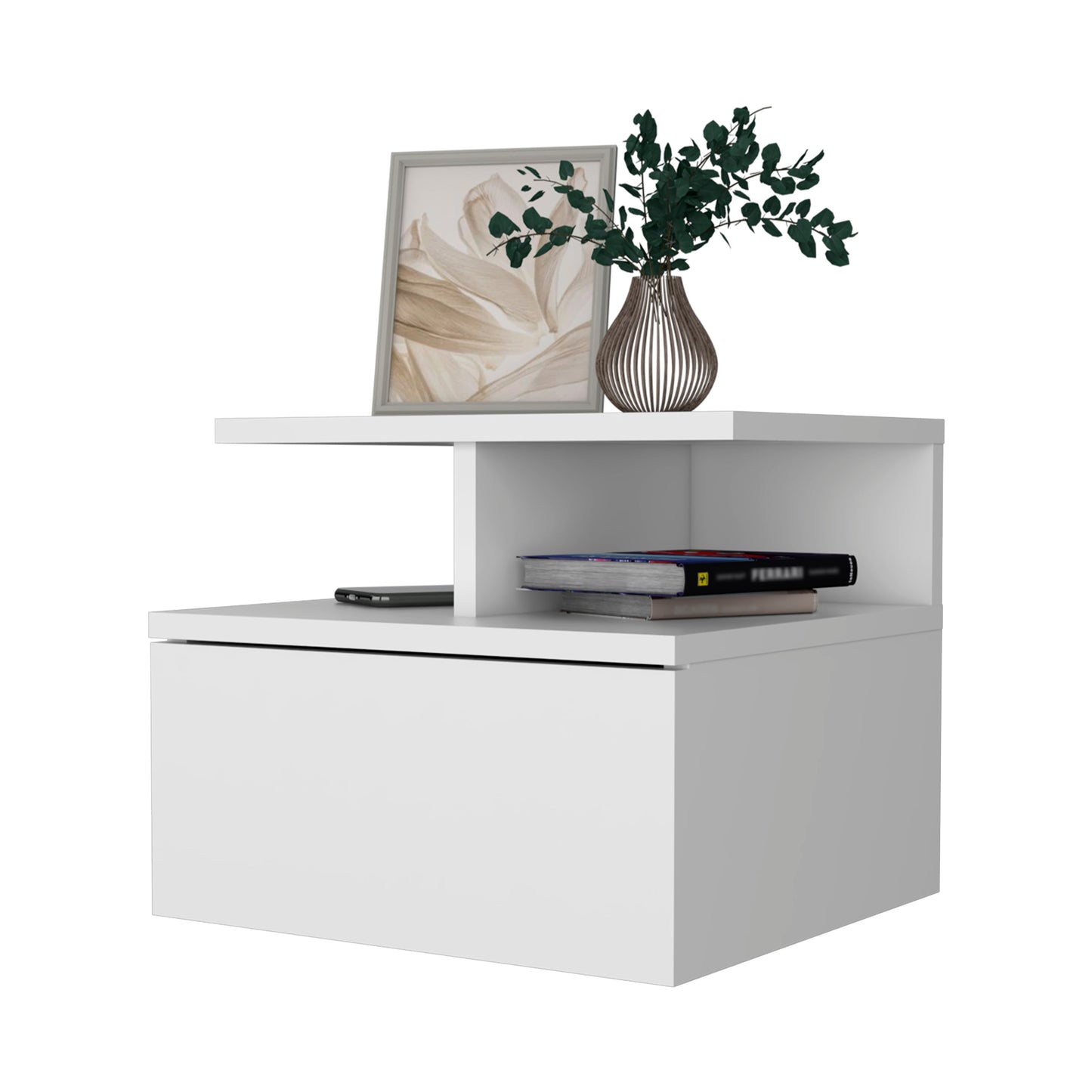 White modern bedside table with one drawer and open shelf