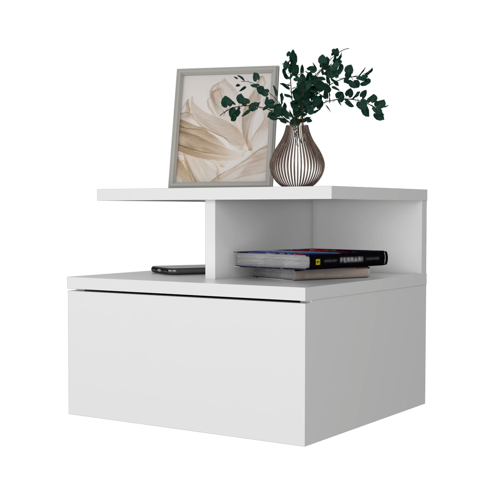 White modern bedside table with one drawer and open shelf