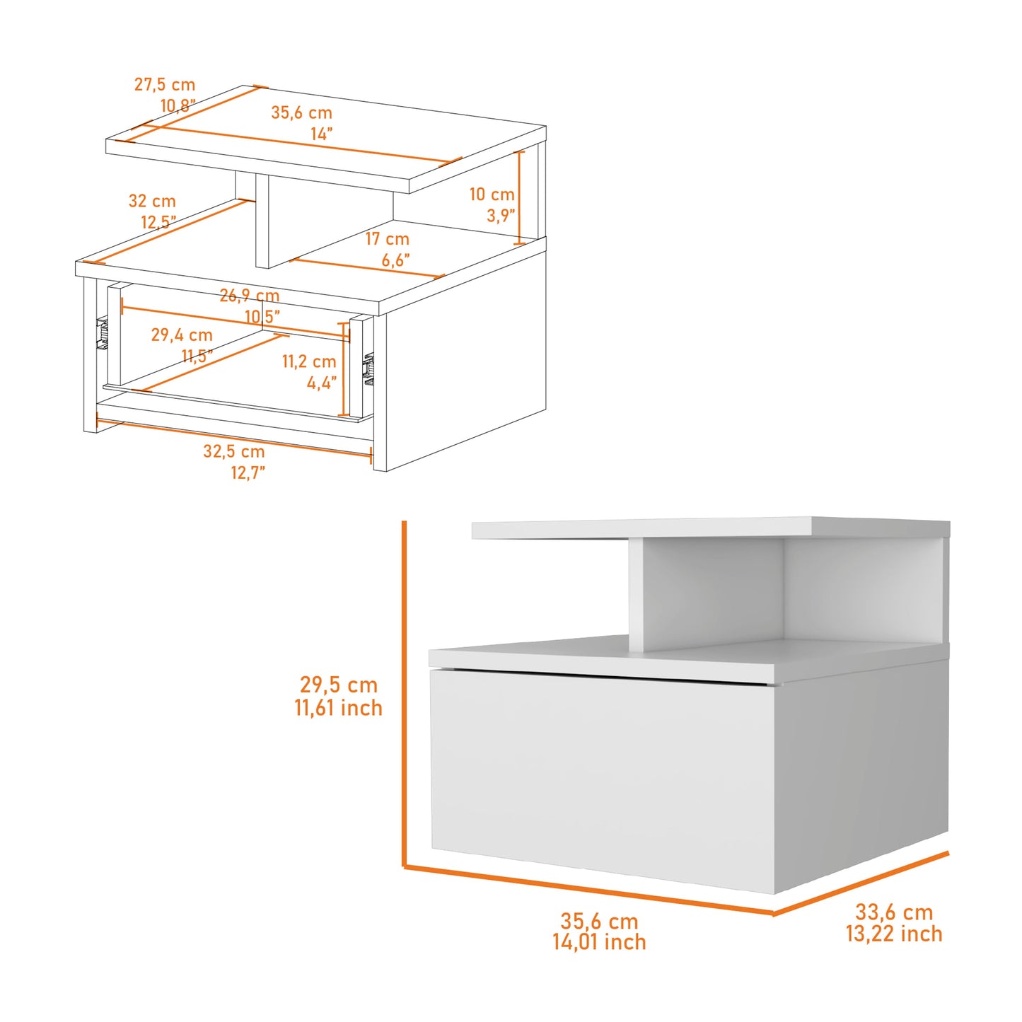 White bedside table with one drawer