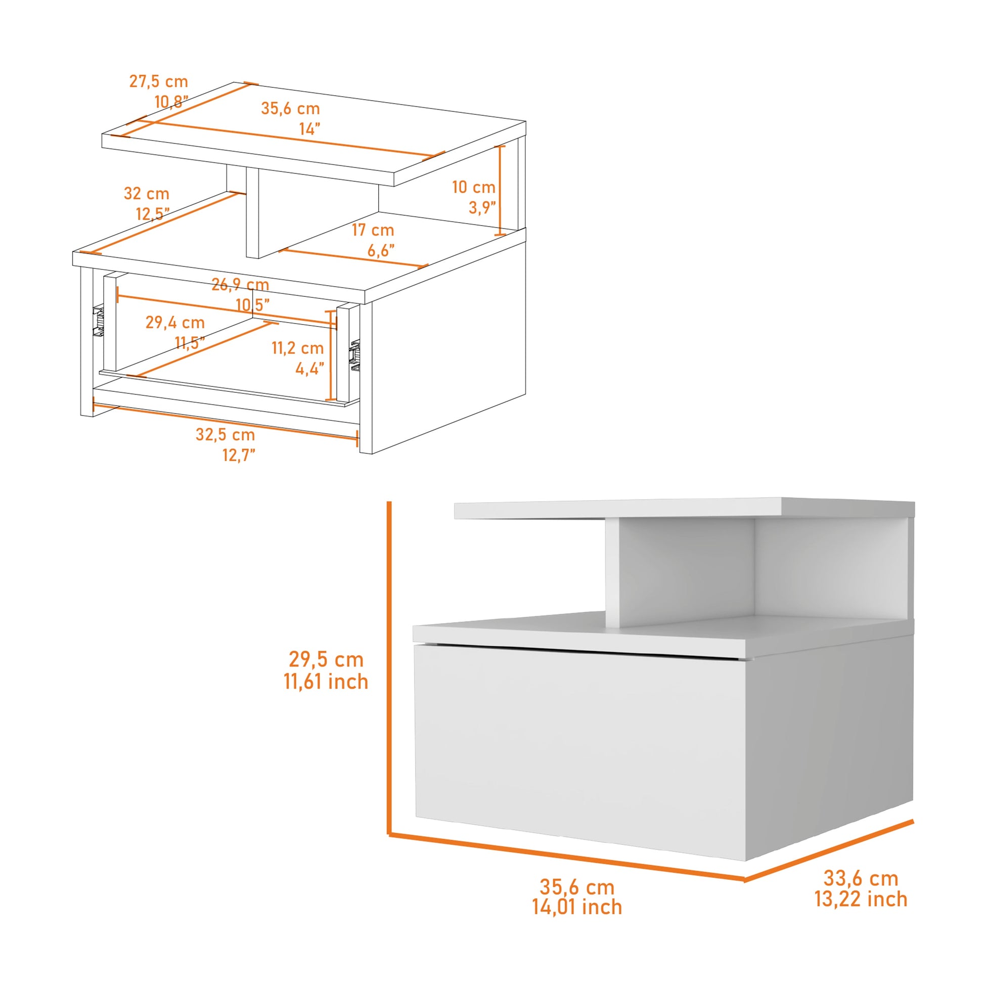White bedside table with one drawer
