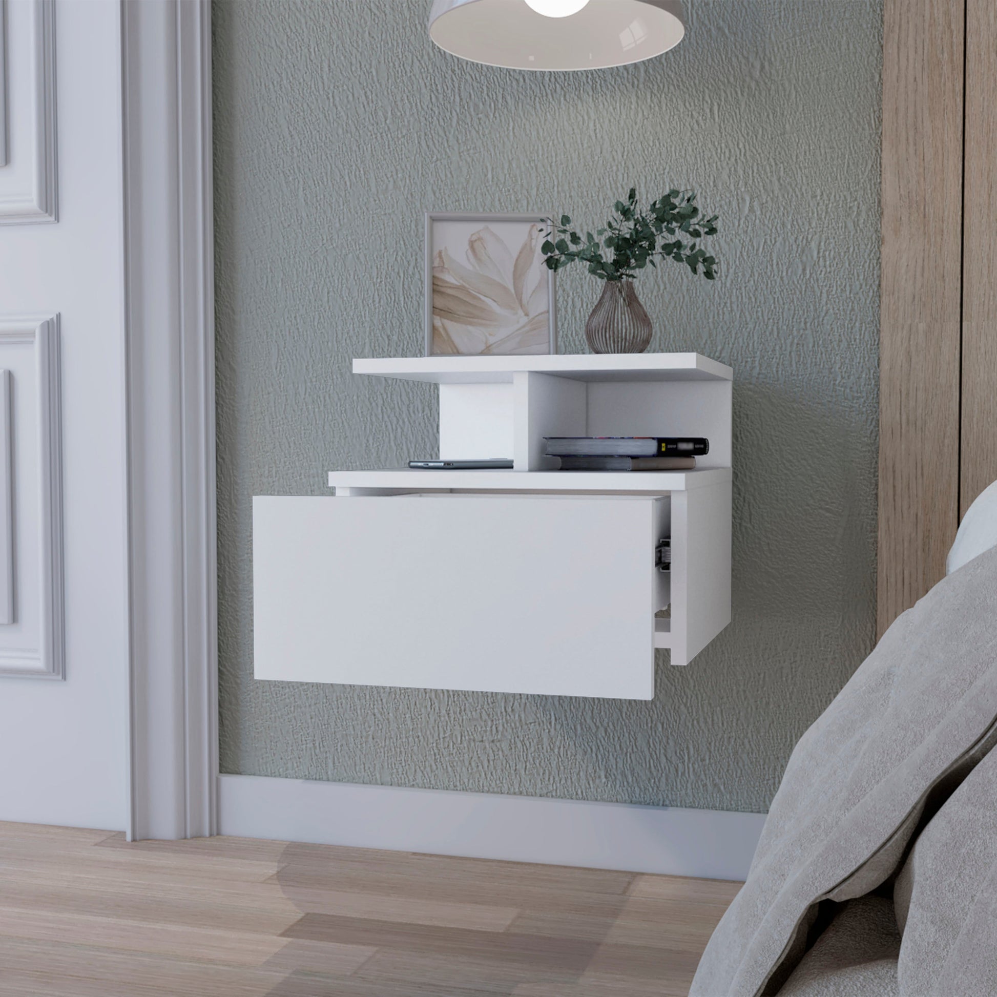 White wallmounted nightstand with drawer and shelf modern design