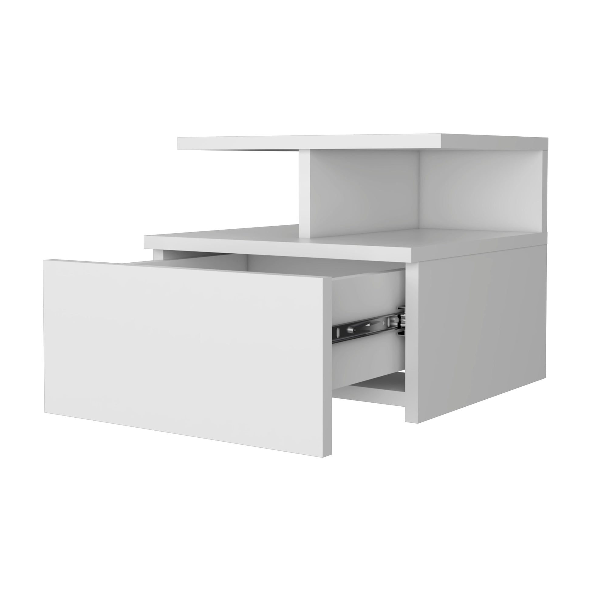 White modern nightstand with open drawer and metal drawer slides
