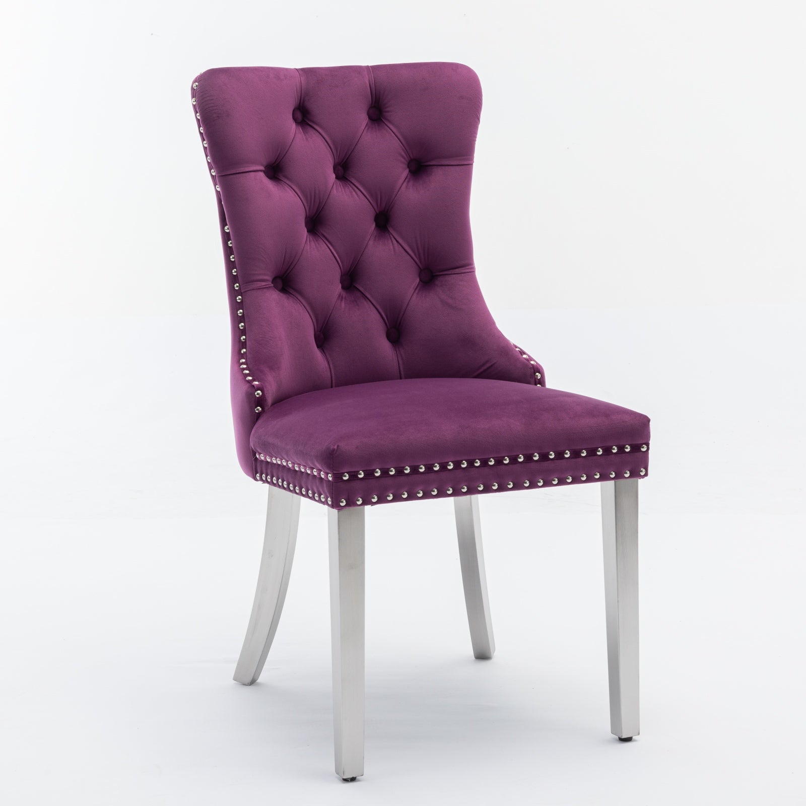 Purple velvet dining chair with tufted back and silver nailhead trim