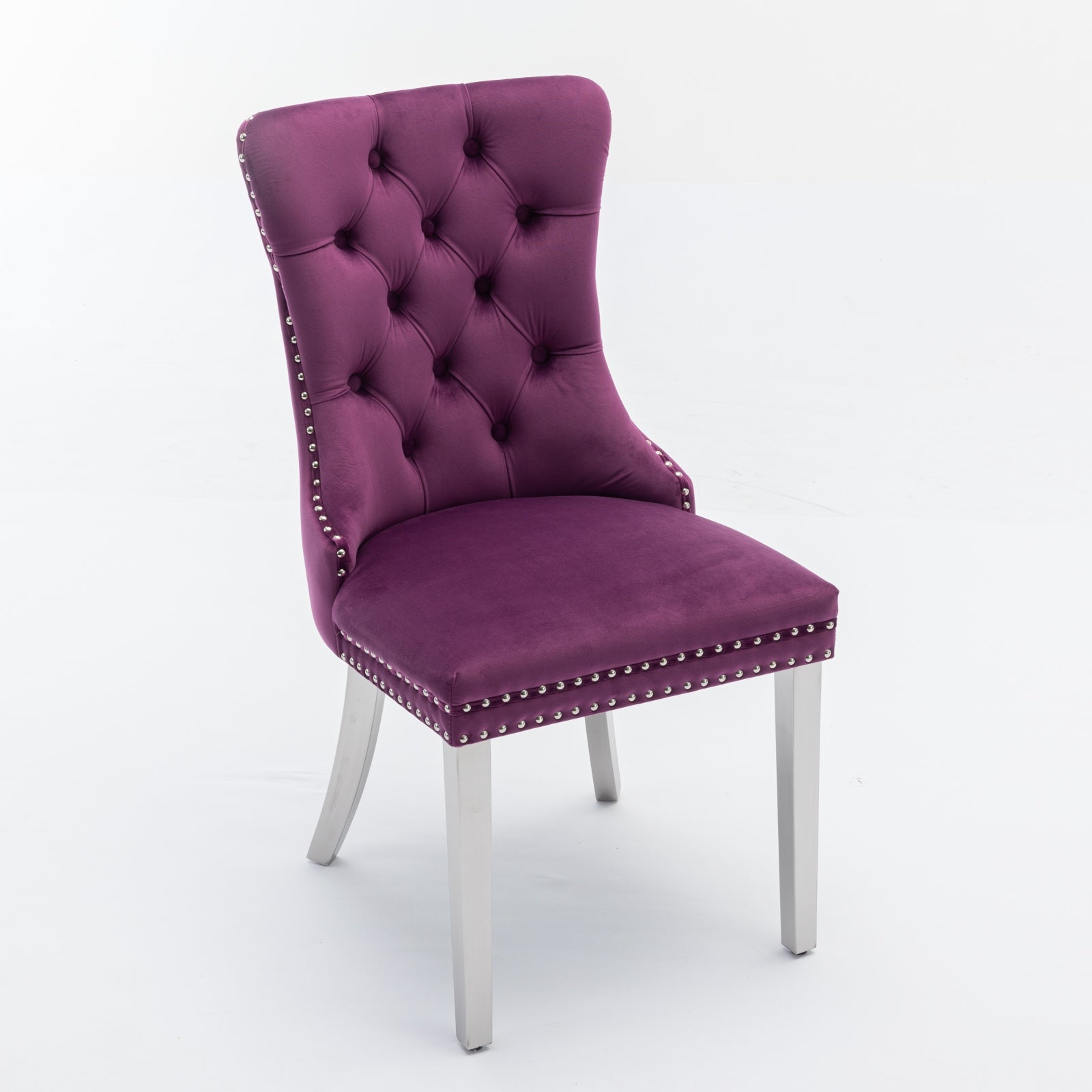 Tufted purple velvet accent chair with silver nailhead trim and silver legs