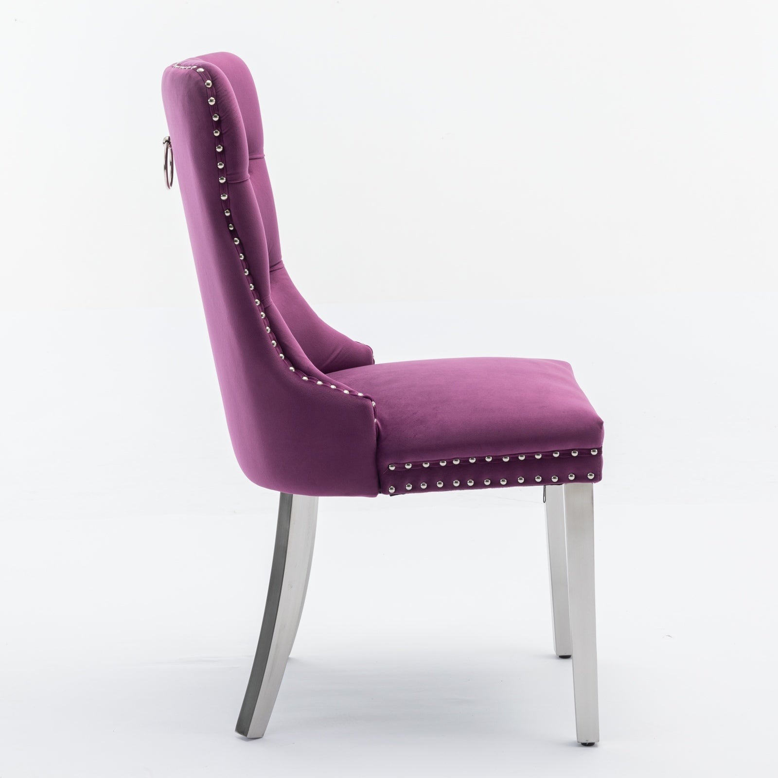 Purple velvet dining chair with silver nailhead trim and a modern metal leg