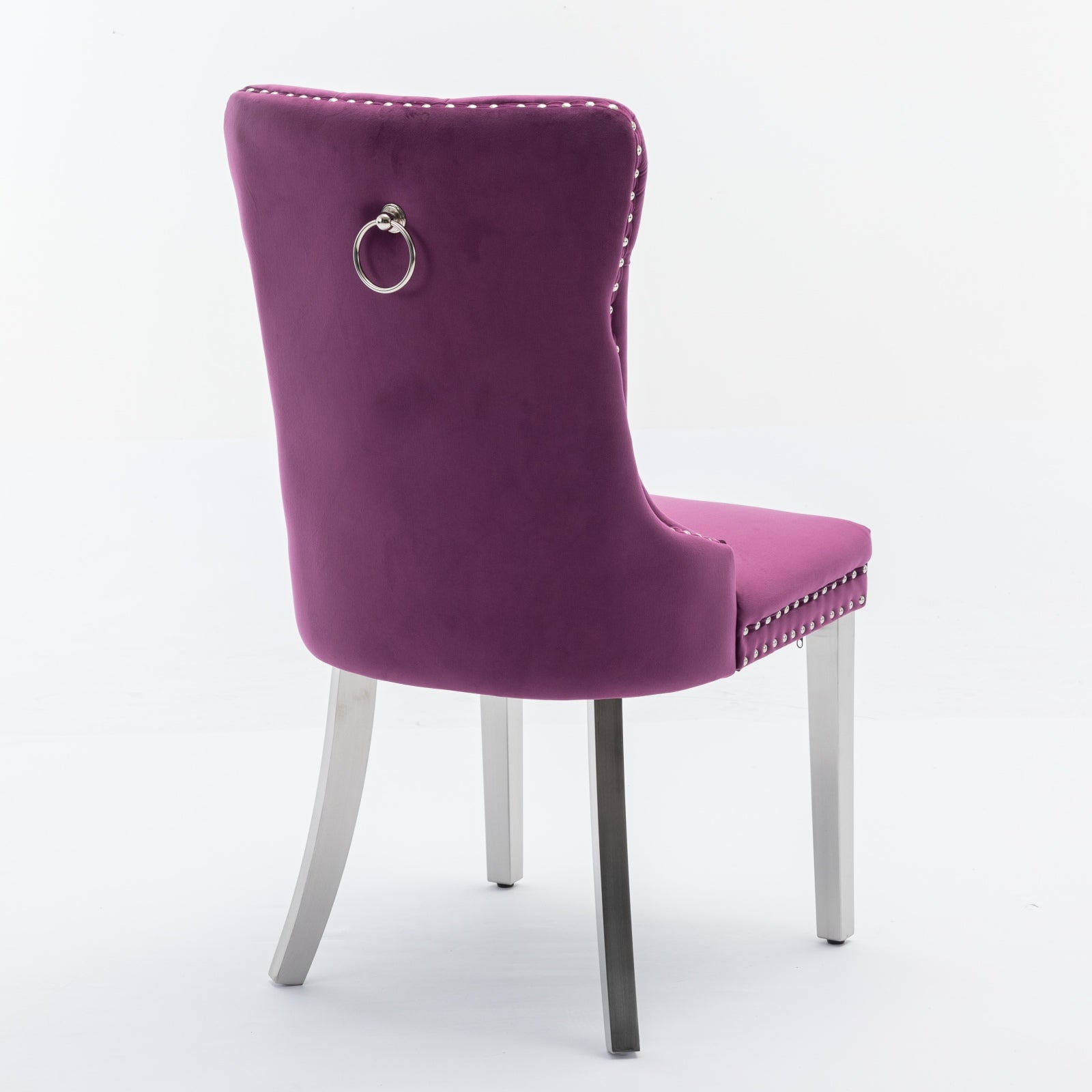Purple velvet dining chair with silver nailhead trim and ring pull accent