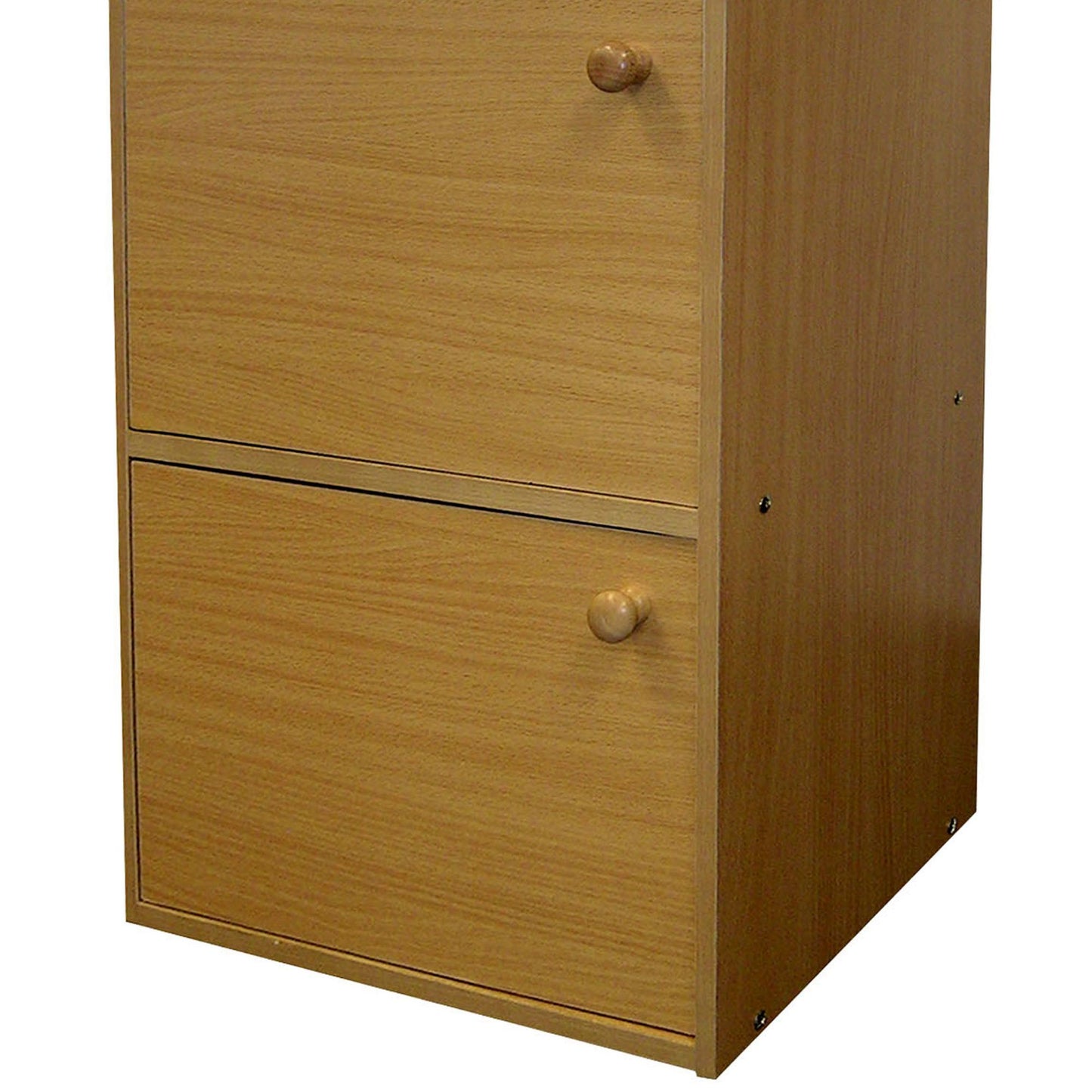 Light wood filing cabinet with two drawers and round wooden knobs