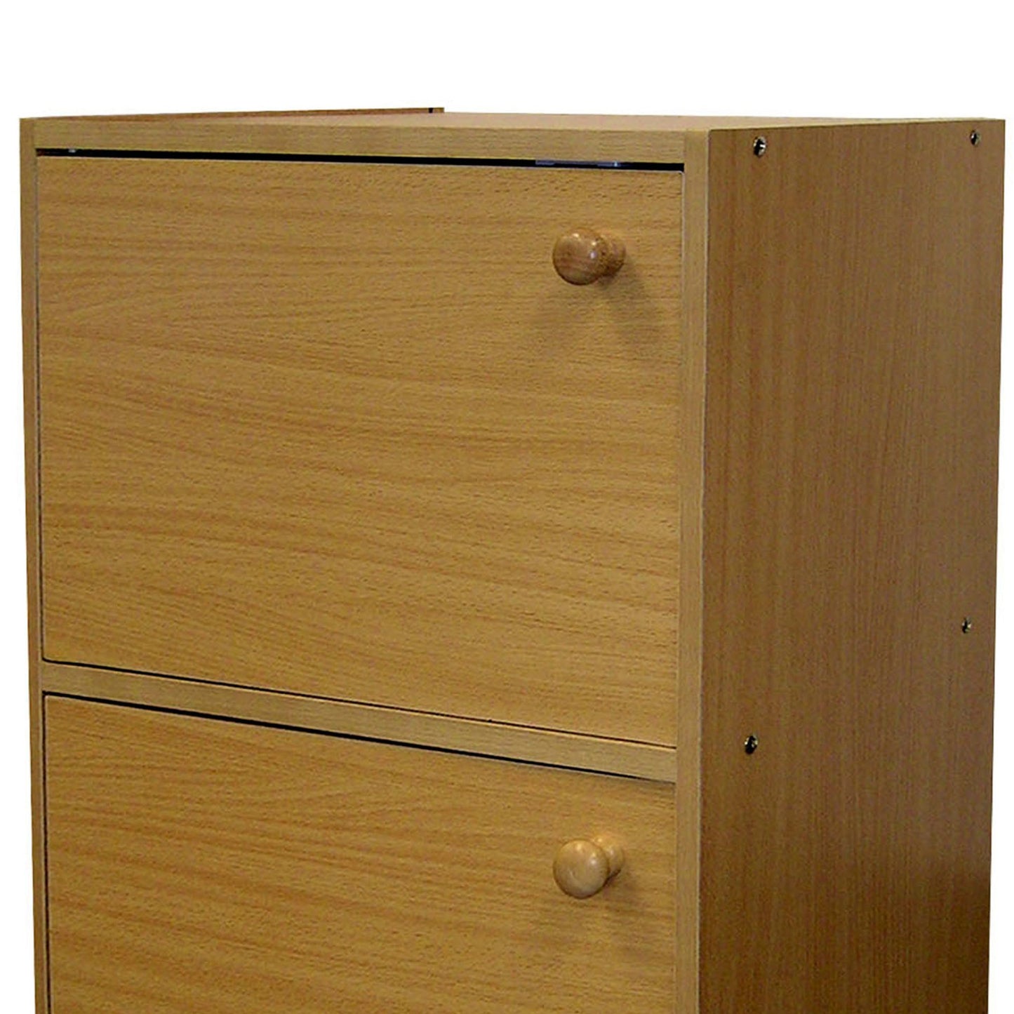 Light brown wooden bedside cabinet with two drawers and round knobs