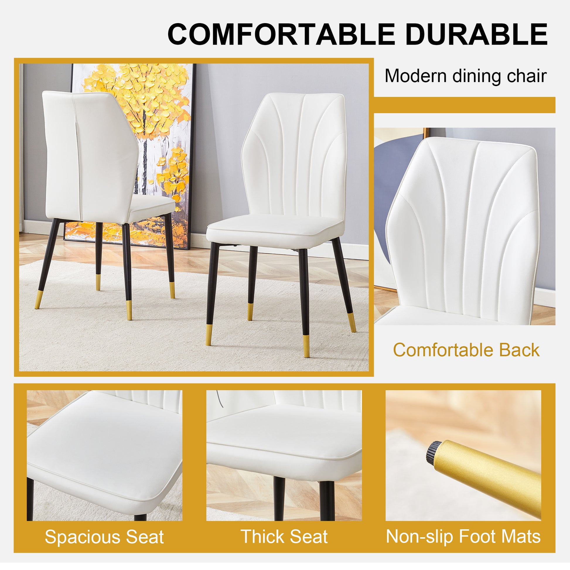 White modern dining chair with fluted back and goldtipped black legs