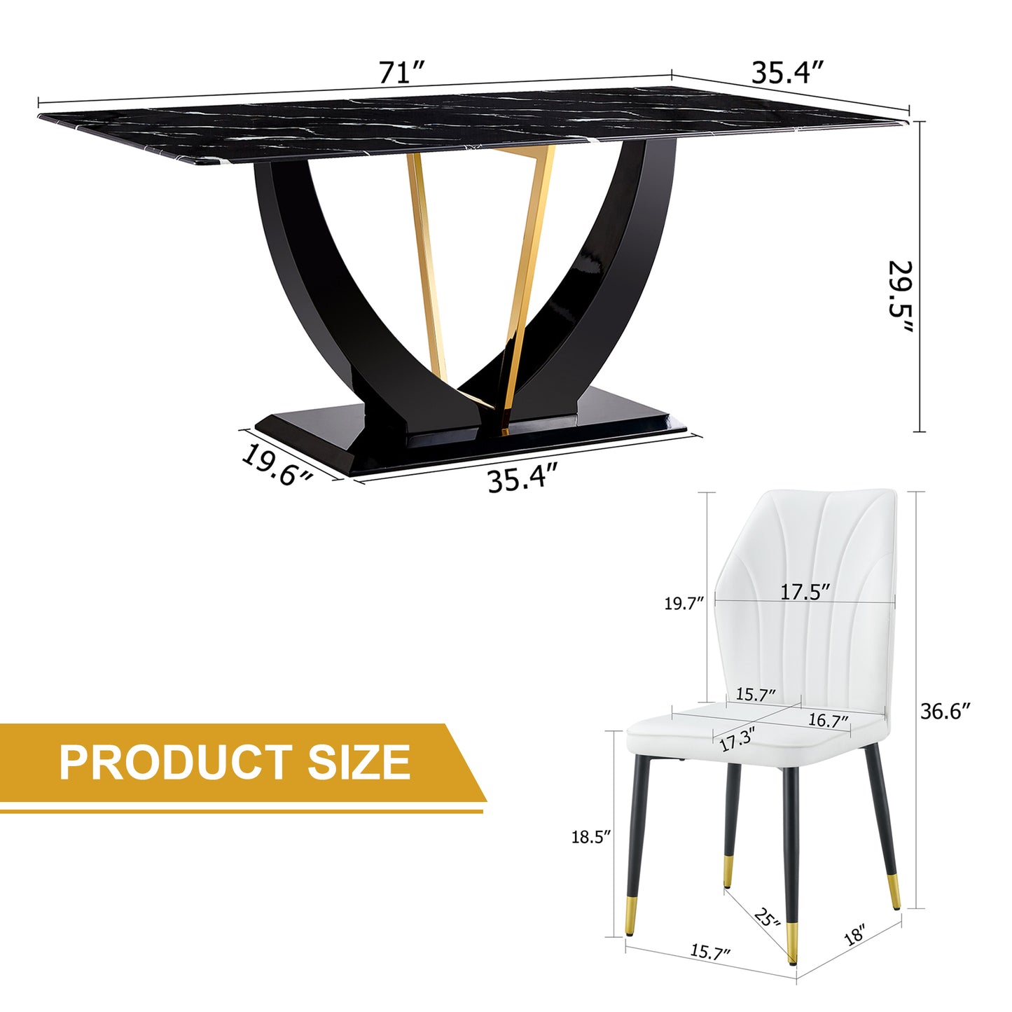 Black marble dining table with curved black base and gold accents
