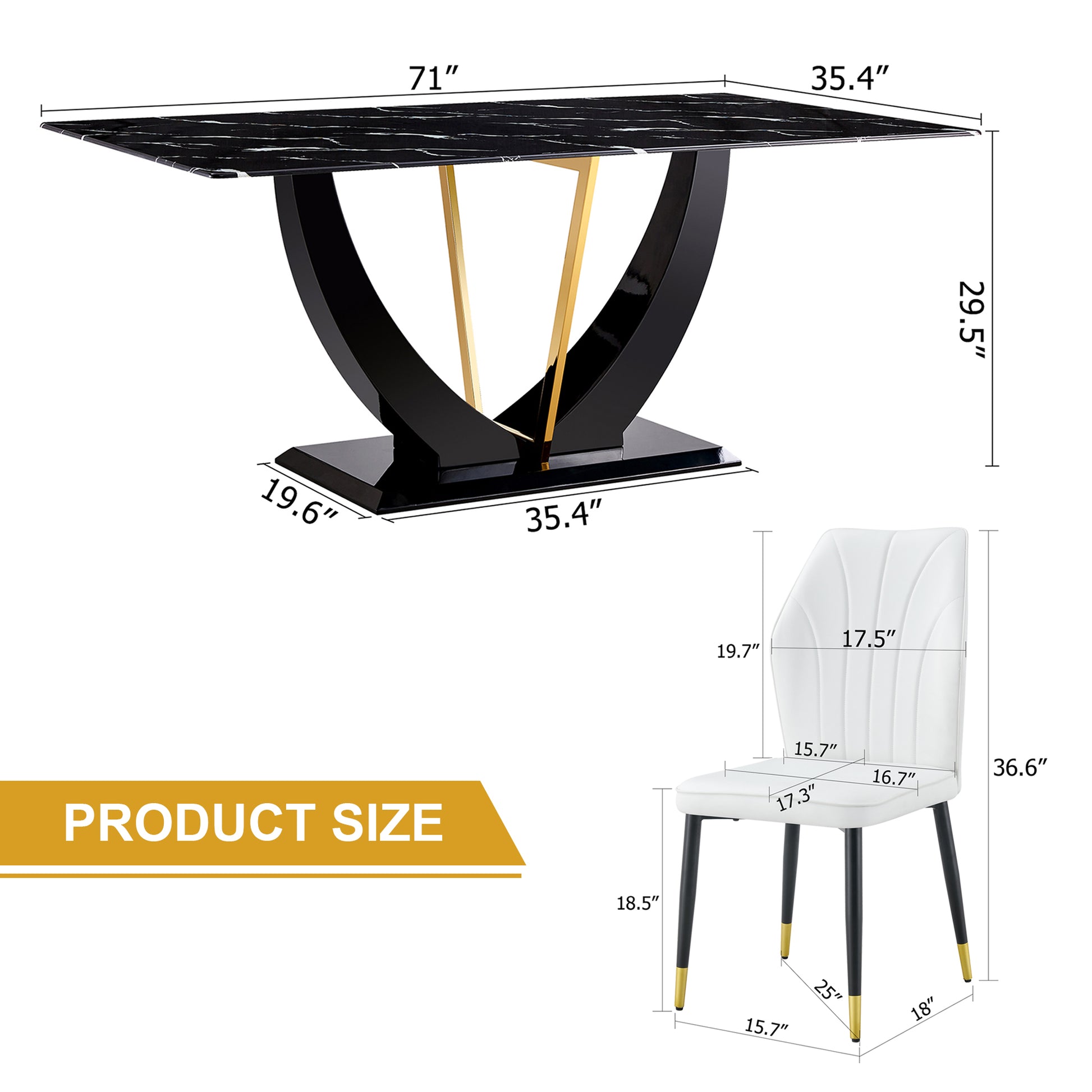 Black marble dining table with curved black base and gold accents