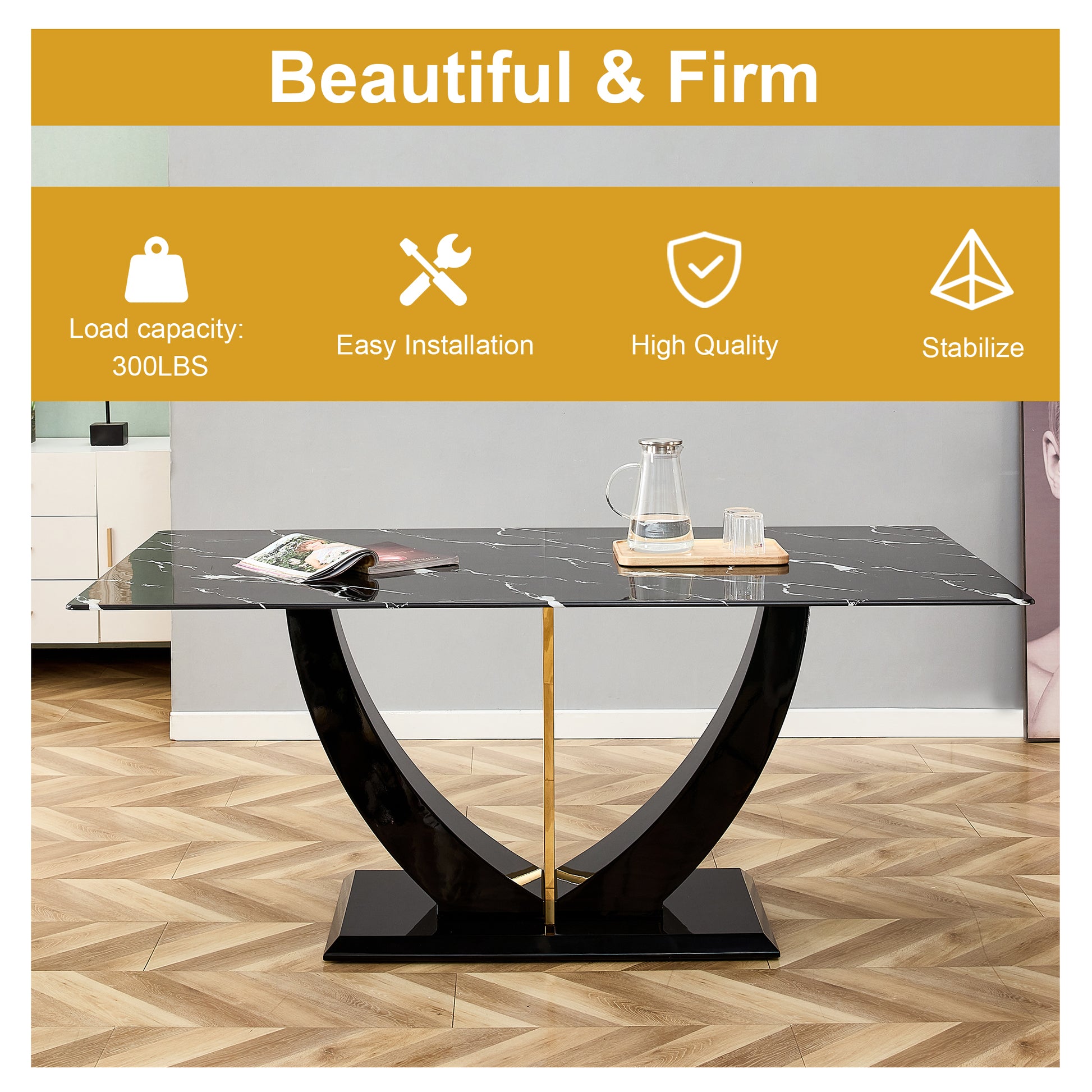 Black marble dining table with a sleek curved pedestal base