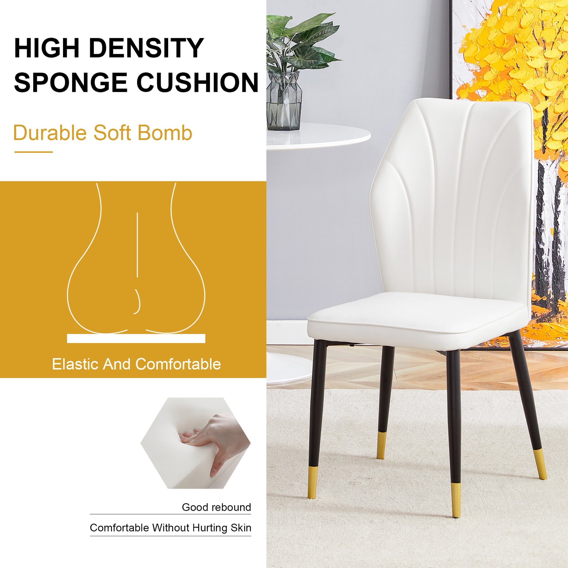 White dining chair with goldtipped black legs and highdensity sponge cushion
