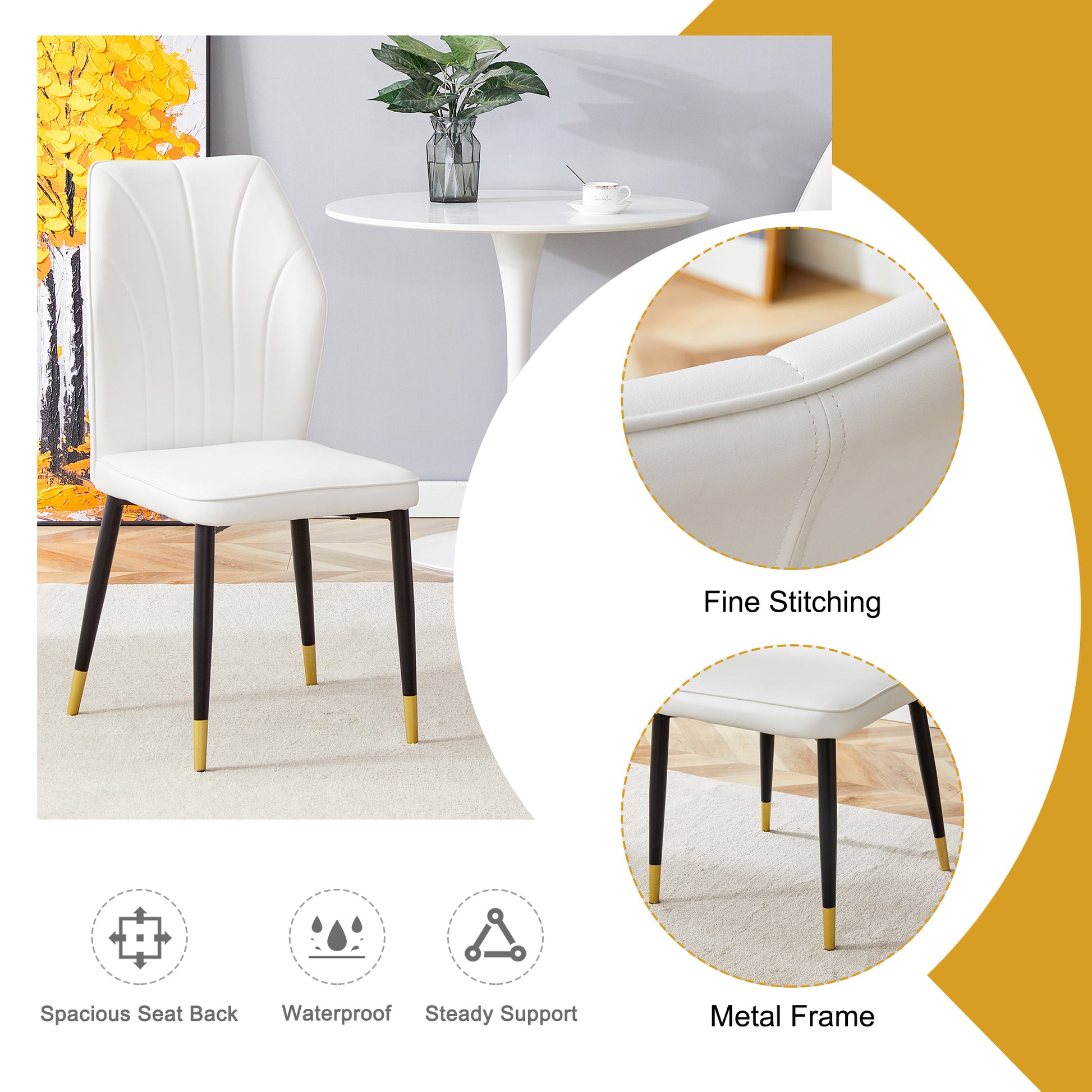 White faux leather dining chair with black tapered legs and gold accents