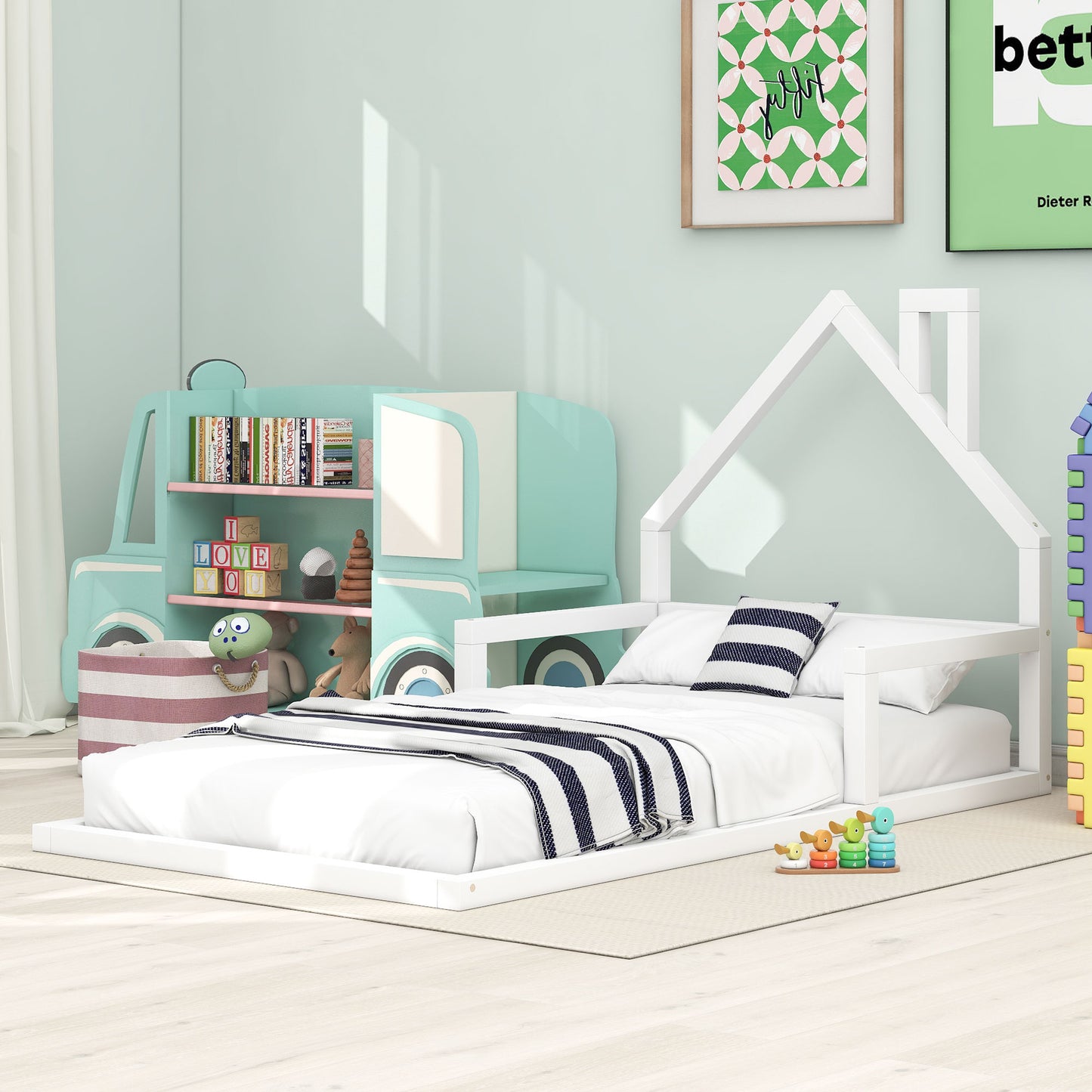 TREATLIFE HOME Twin Size Wood Floor Bed with House-Shaped Headboard, Sturdy and Modern Design, White