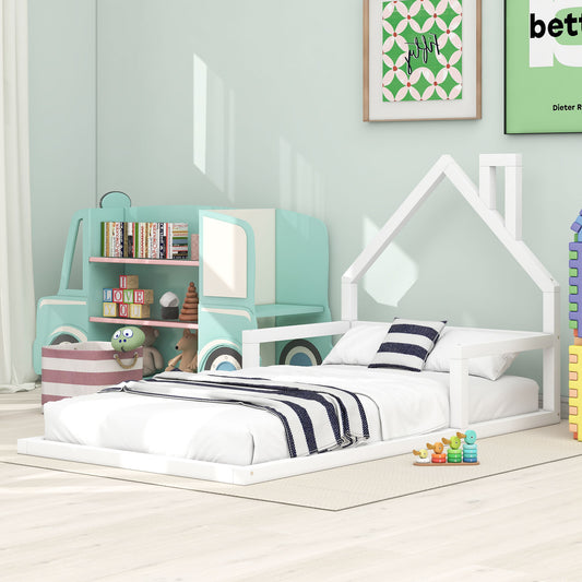 TREATLIFE HOME Twin Size Wood Floor Bed with House-Shaped Headboard, Sturdy and Modern Design, White