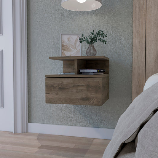 Floating wood bedside table with drawer and open shelf