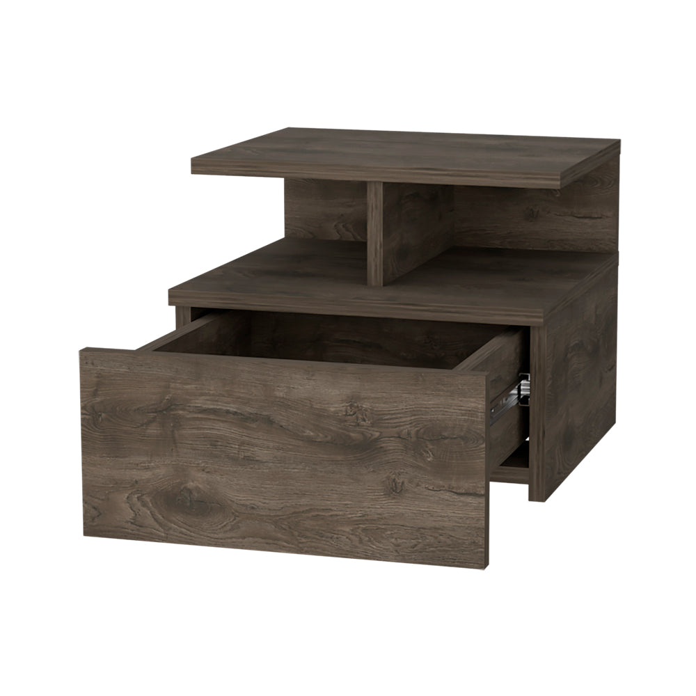 Modern wooden nightstand with open drawer and shelf