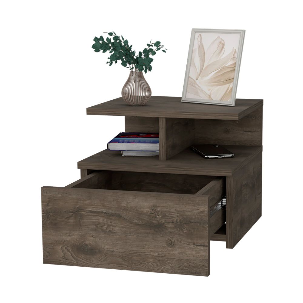Rustic brown wooden nightstand with open drawer and framed picture