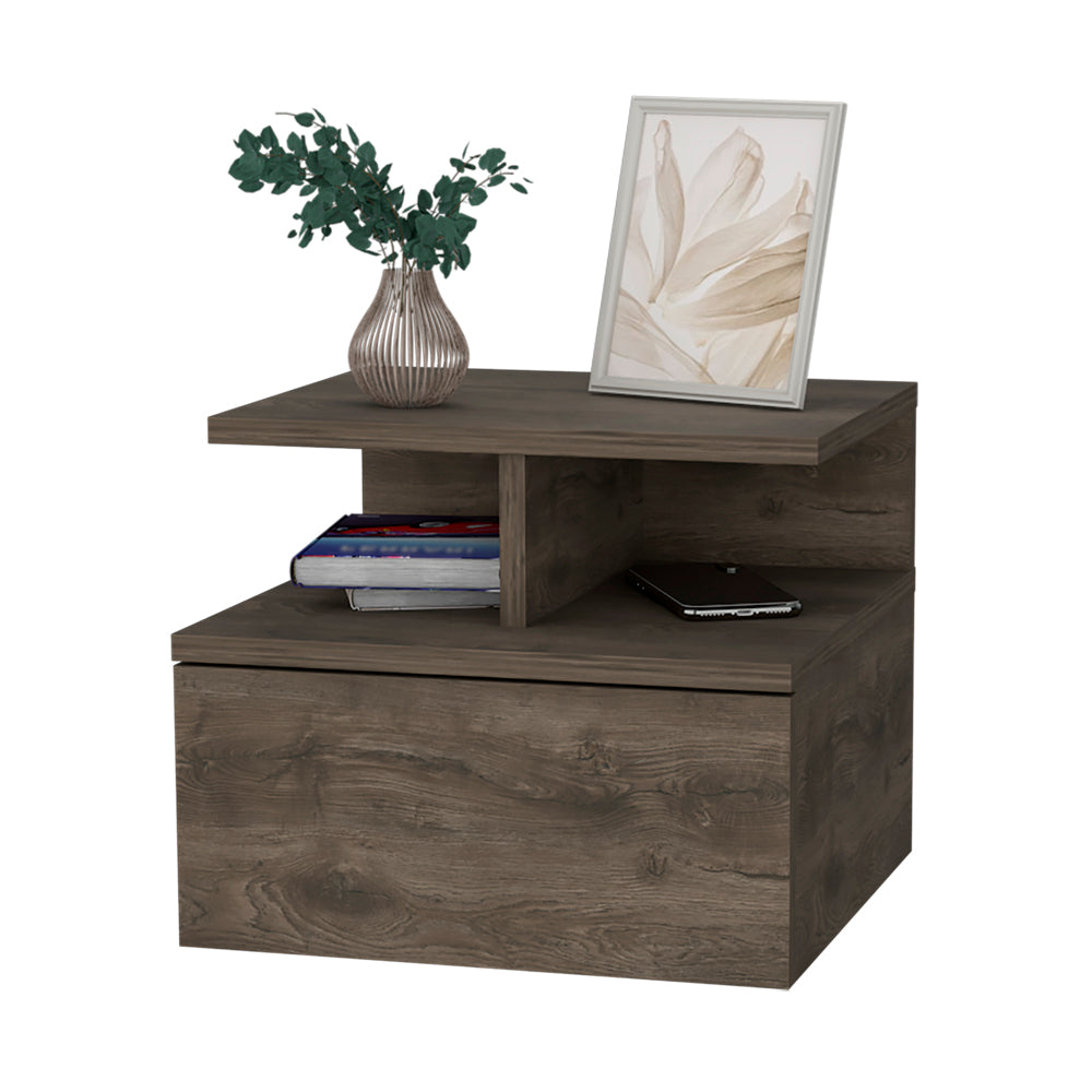 Modern wood bedside table with one drawer and open shelf