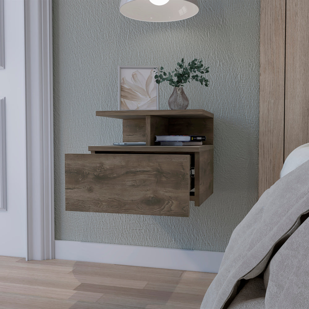 Floating nightstand with weathered oak finish and one drawer