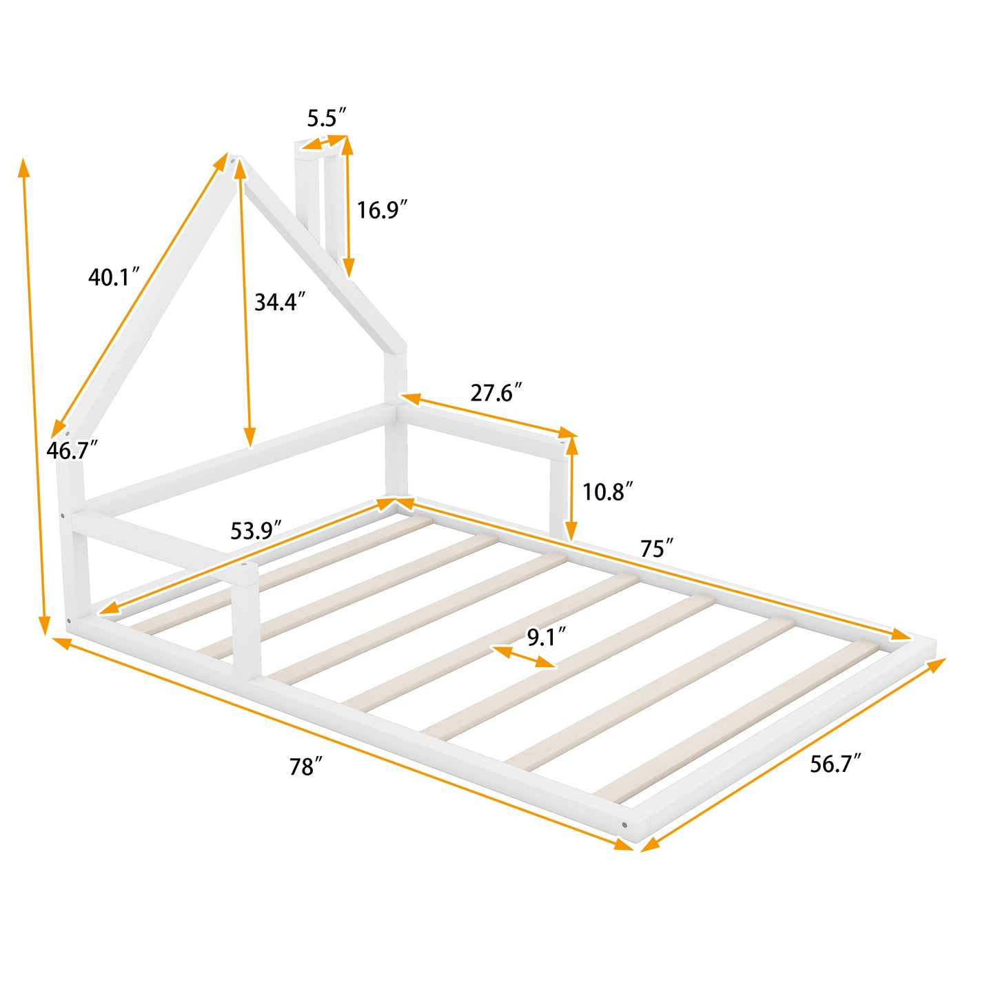 White wooden twin house bed frame with dimensions