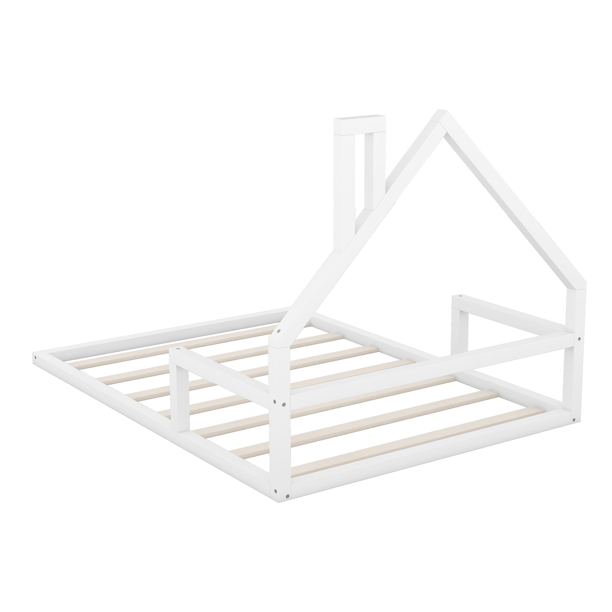 White wooden house bed frame for toddlers with slatted base