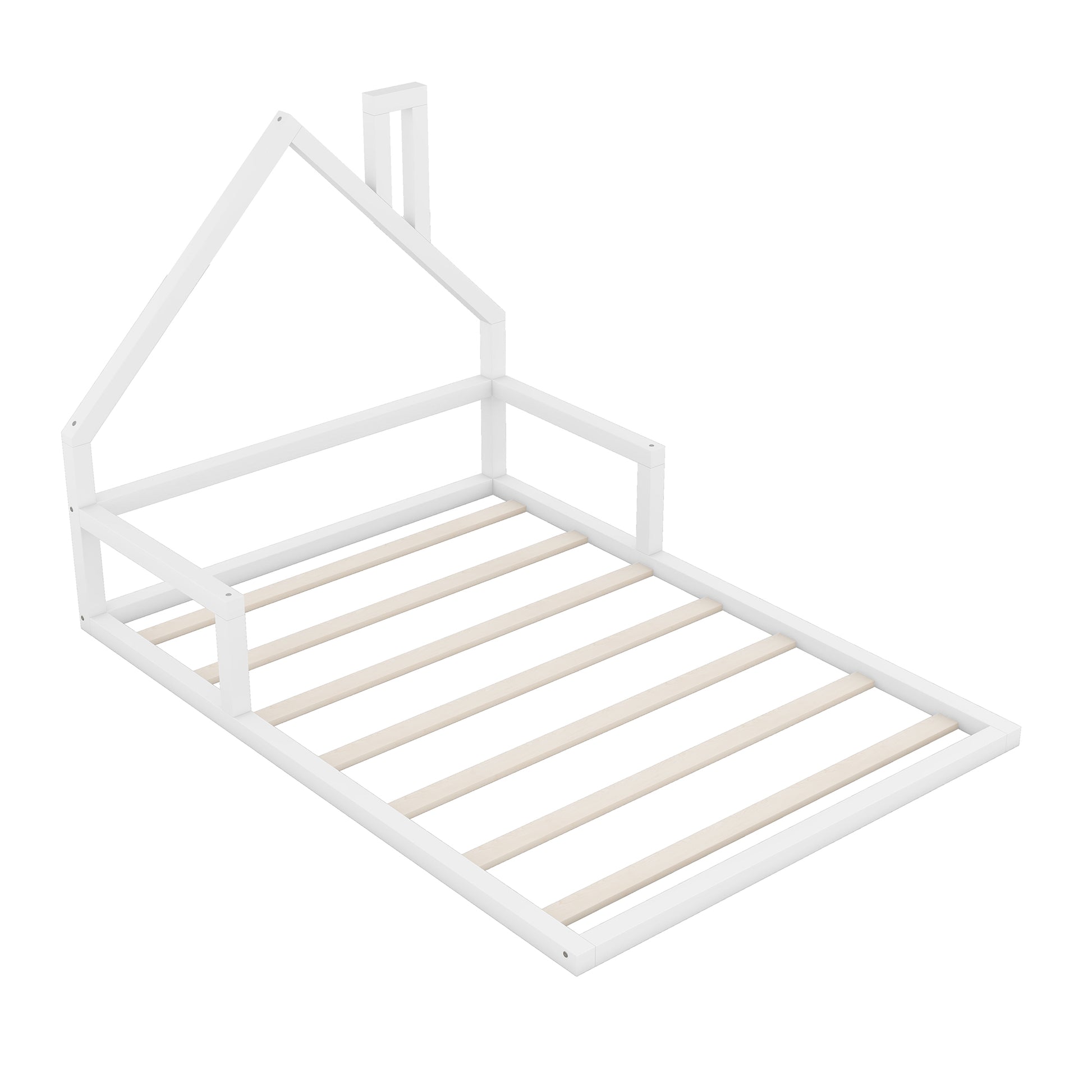 White wooden house bed frame with slatted base