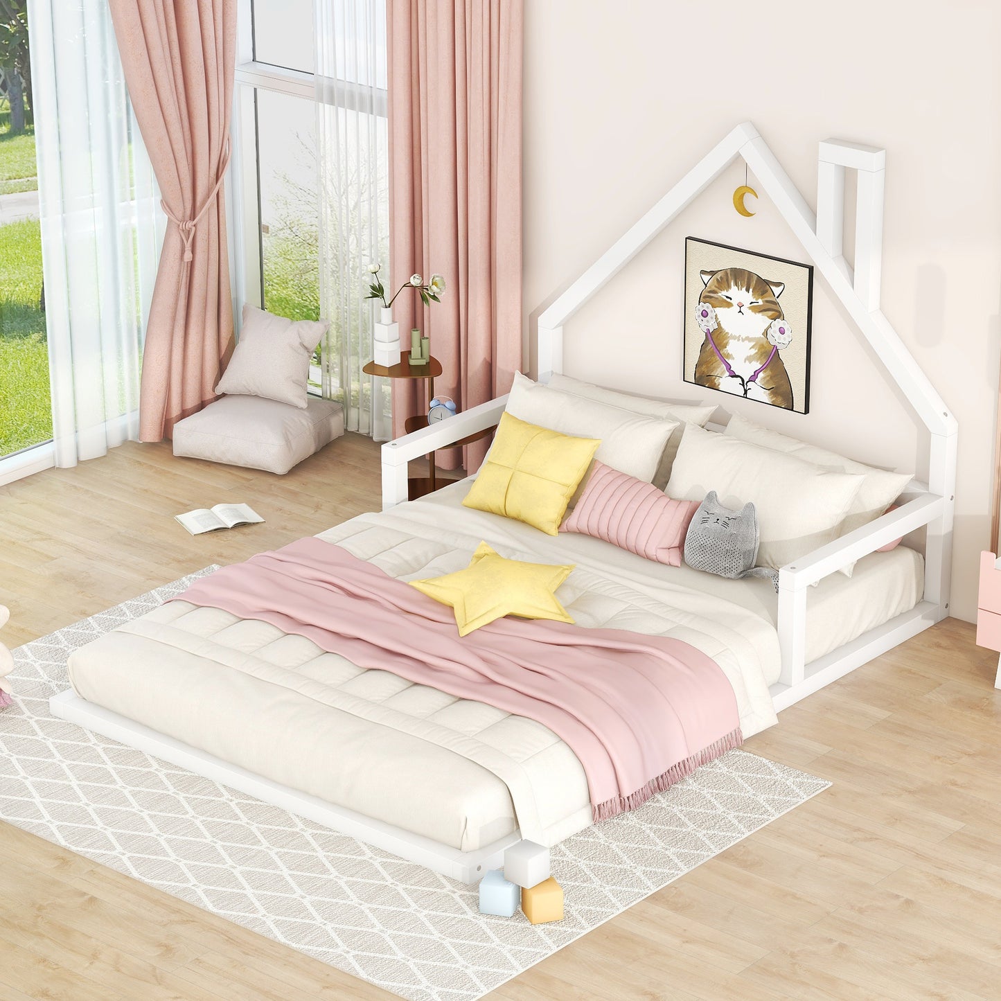 TREATLIFE HOME Full Size Wooden Floor Bed with House-Shaped Headboard, Sturdy Design, White