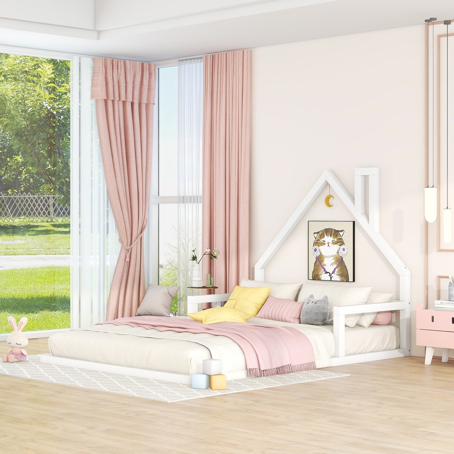 White wooden house bed frame with pink curtains and bedding